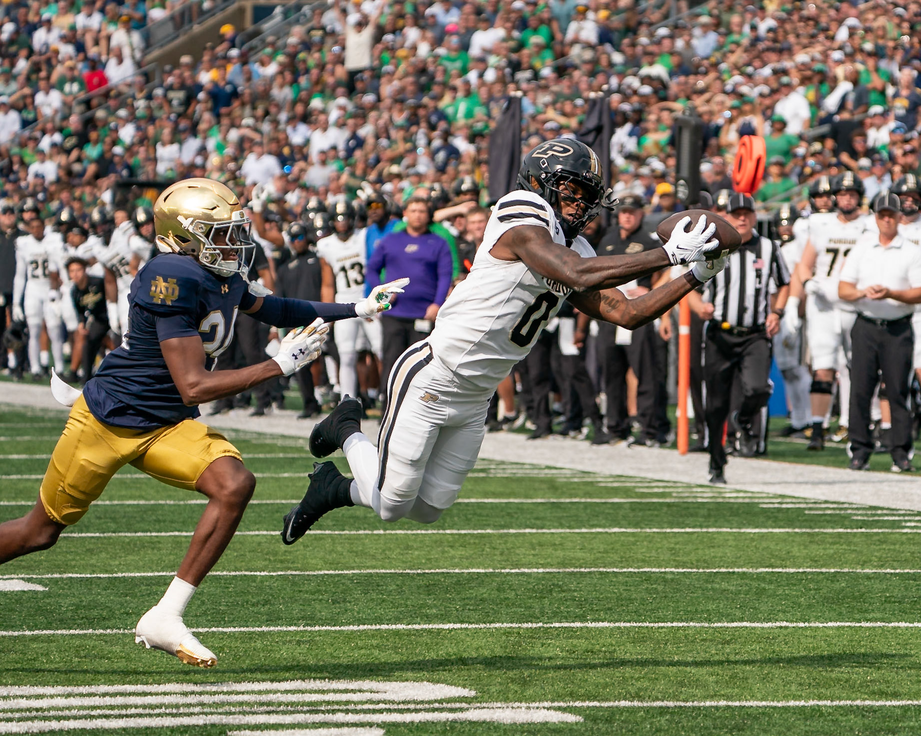 SOUTH BEND, IN - SEPTEMBER 20, 2025: Purdue University Sophomore Wide Receiver Nitro Tuggle (0) makes a diving catch during the Purdue Boilermakers at Notre Dame Fighting Irish Football at Notre Dame Stadium(Photo by Steve Bowen / Northern Indiana Sports Report)