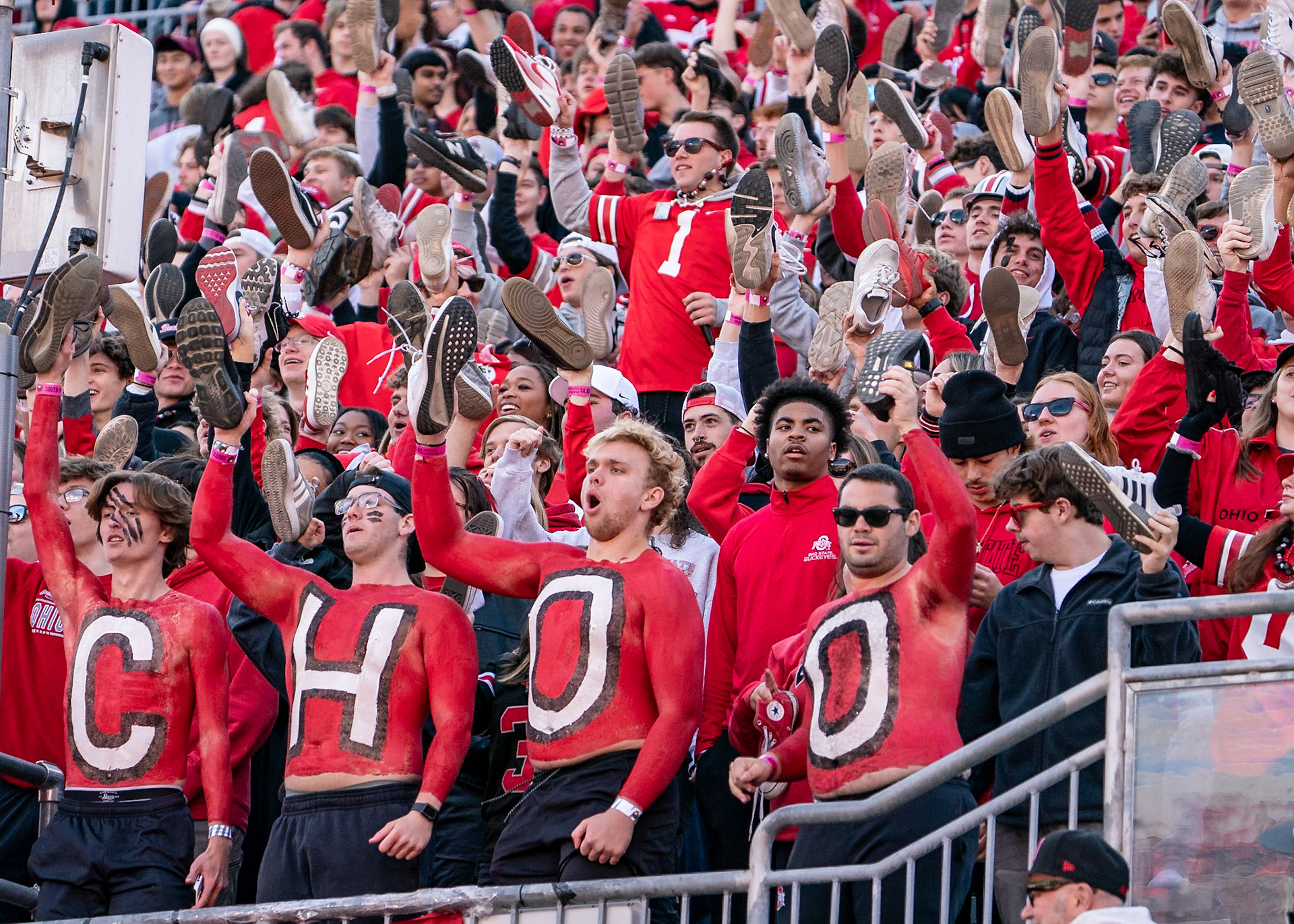 COLUMBUS UNIVERSITY, OH - NOVEMBER 9, 2024: Ohio State University Block O Student Section cheering at the Purdue University Boilermakers at University of Ohio Buckeyes Football game at Ohio Stadium(Photo by Steve Bowen / Bowen Arrow Photography / Northern Indiana Sports Report)