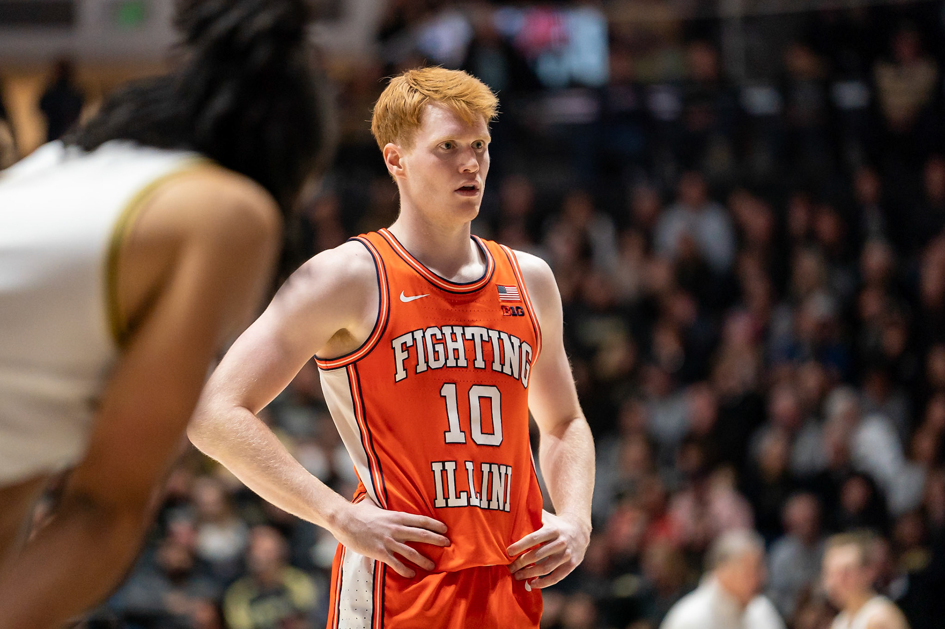 WEST LAFAYETTE, IN - JANUARY 5, 2024: Illinois Junior Guard/Forward Luke Goode (10) waiting to shoot a free throw in Purdue Boilermaker's Basketball vs the Illinois Fighting Illini at Mackey Arena(Photo by Steve Bowen / Bowen Arrow Photography / Northern Indiana Sports Report)
