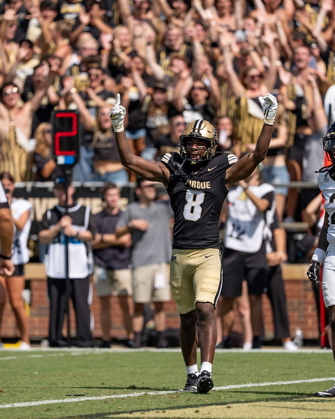 WEST LAFAYETTE, IN - SEPTEMBER 12, 2026: Purdue University Junior Wide Receiver De'Nylon Morrissette (8) celebrates a Purdue Touchdown during the Purdue Boilermakers football game vs the Wake Forest Demon Deacons at Ross-Ade Stadium(Photo by Steve Bowen / Northern Indiana Sports Report)