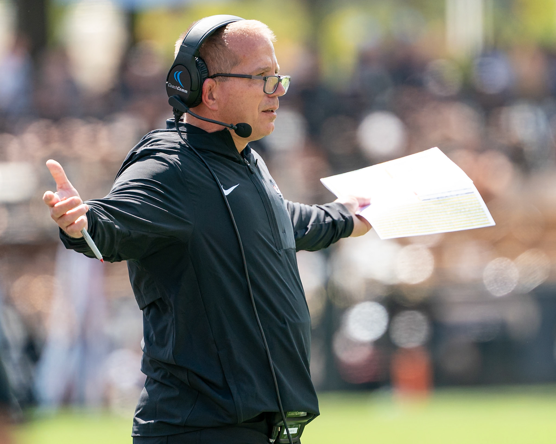 WEST LAFAYETTE, IN - AUGUST 30, 2025: Ball State University Football Head Coach Mike Uremovich surprised at a call by the referees at Purdue Boilermaker Football vs Ball State Football at Ross-Ade Stadium(Photo by Steve Bowen / Northern Indiana Sports Report)