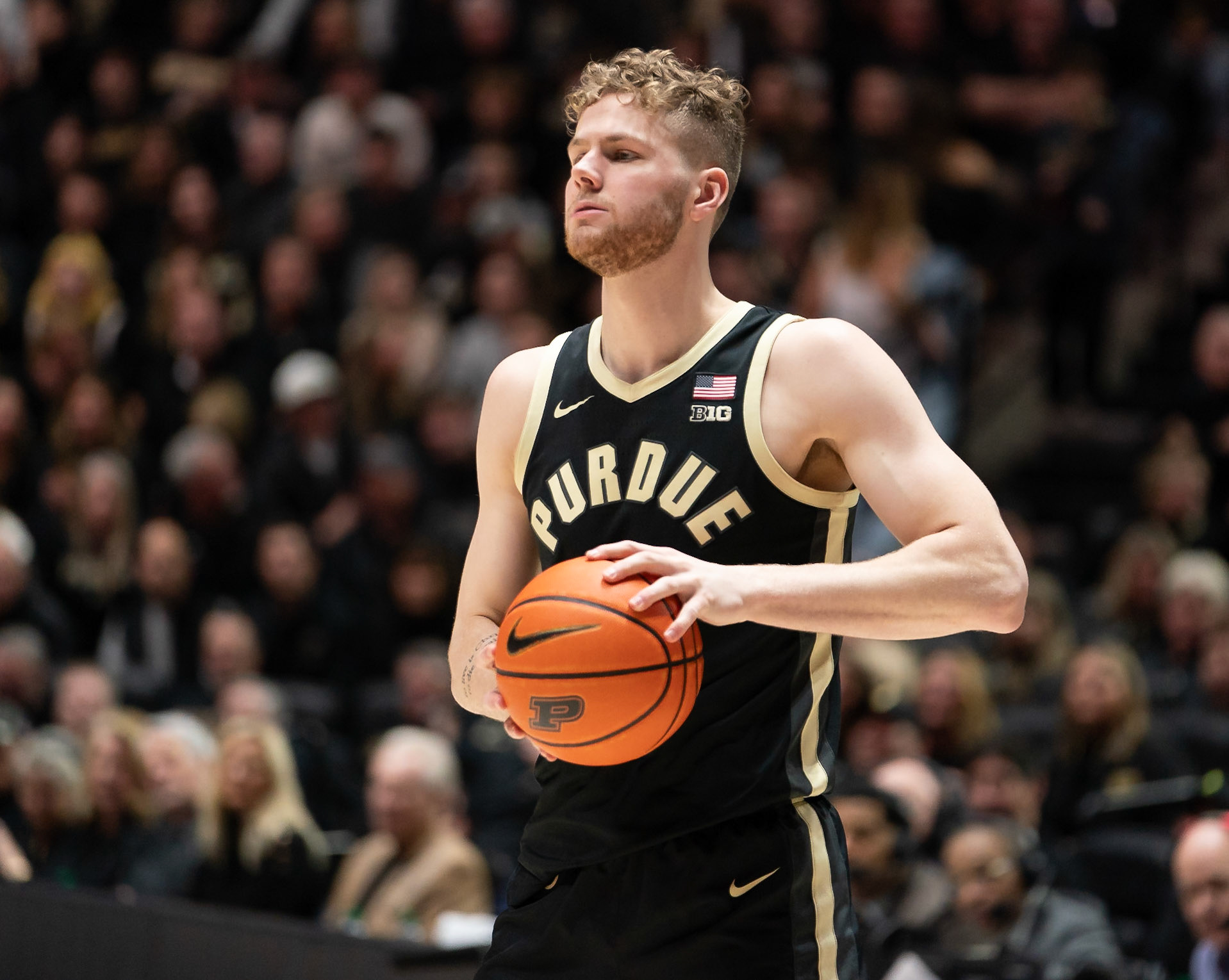 WEST LAFAYETTE, IN - FEBRUARY 10, 2024: Purdue Junior Forward Caleb Furst (1) in Purdue Boilermaker vs Indiana Hoosiers Basketball at Mackey Arena(Photo by Steve Bowen / Bowen Arrow Photography / Northern Indiana Sports Report)
