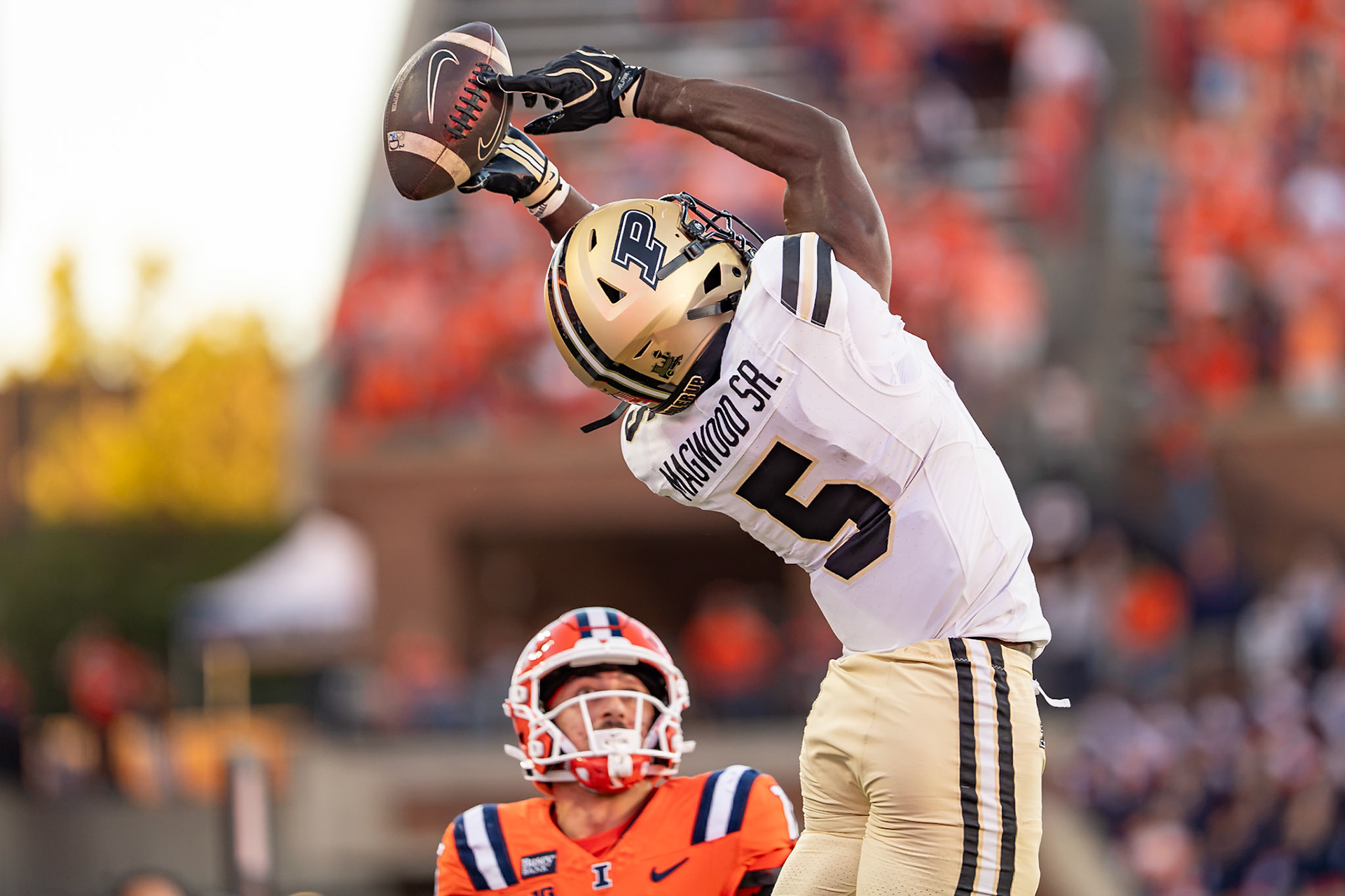 CHAMPAIGN, IL - OCTOBER 3, 2026: Purdue University Senior Wide Receiver Chauncey Magwood (5) during the Purdue Boilermakers at Illinois Fighting Illini football game at Gies Memorial Stadium(Photo by Steve Bowen / Northern Indiana Sports Report)