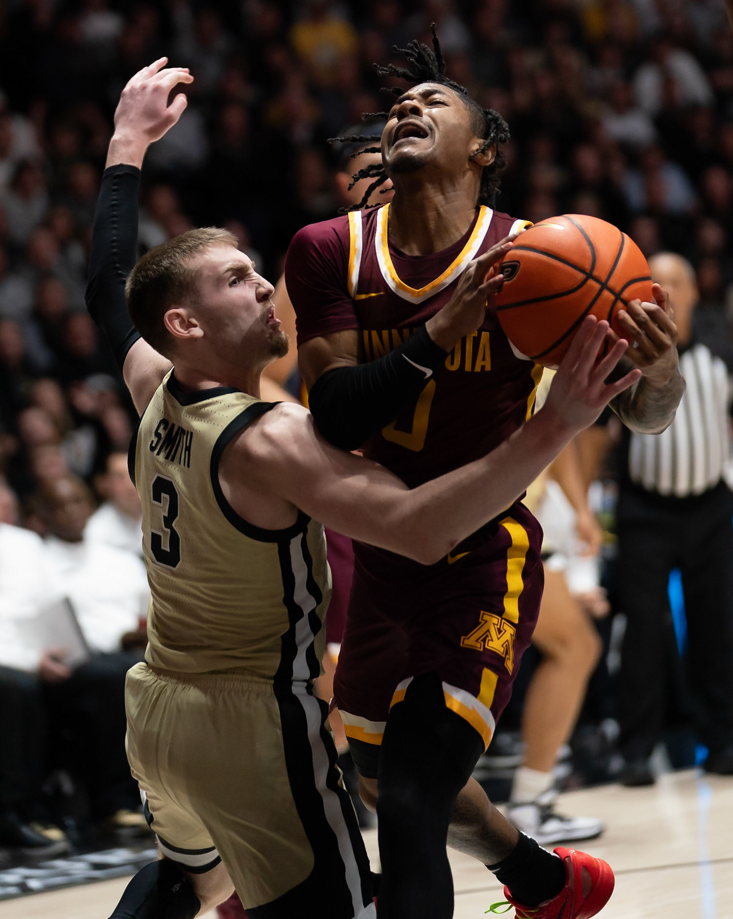 WEST LAFAYETTE, IN - FEBRUARY 15, 2024: Minnesota Junior Guard Elijah Hawkins (0), Purdue Sophomore Guard Braden Smith (3) in Purdue Boilermakers Men's Basketball vs the Minnesota Golden Gophers at Mackey Arena(Photo by Steve Bowen / Bowen Arrow Photography / Northern Indiana Sports Report)
