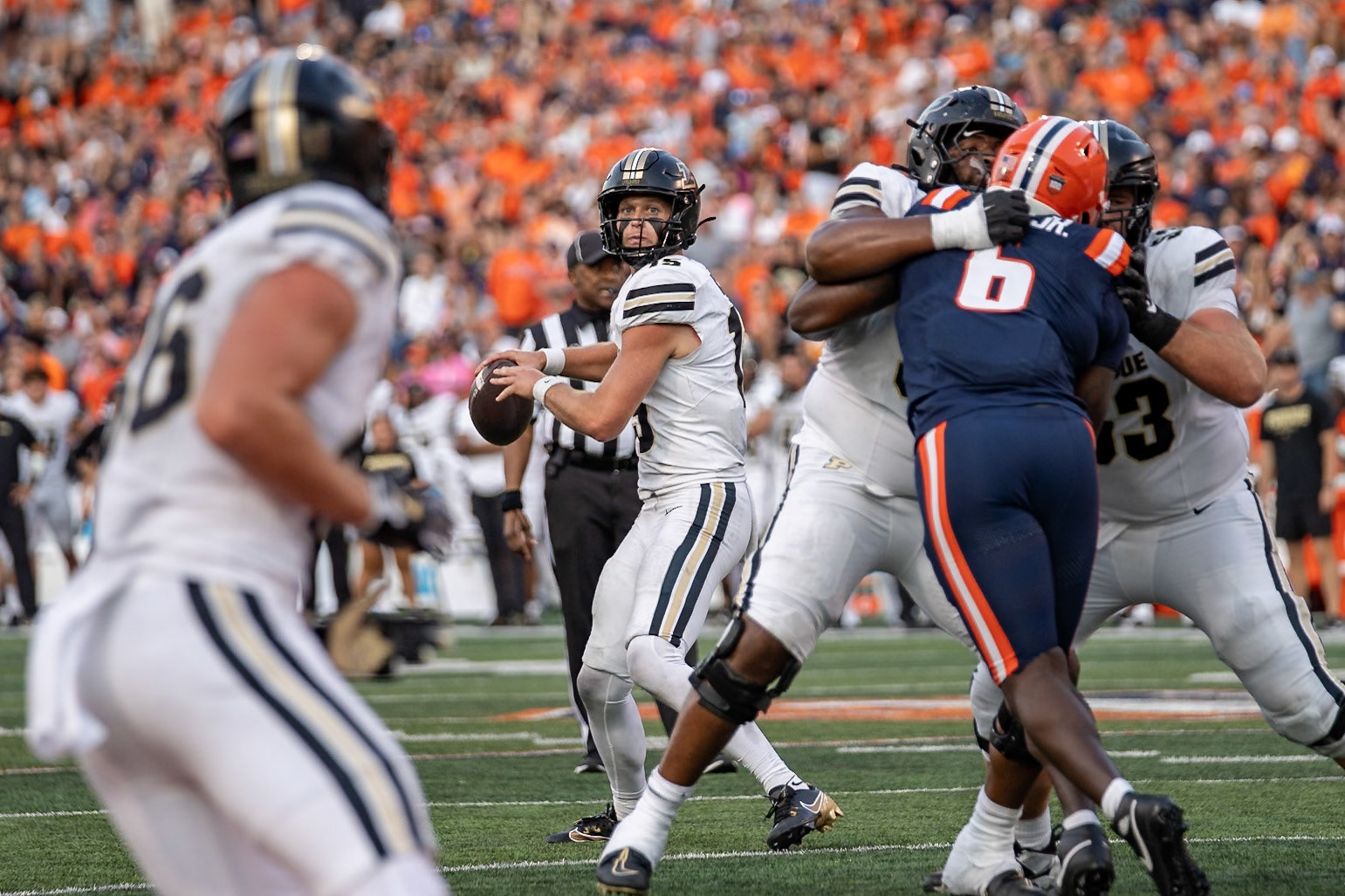 CHAMPAIGN, IL - OCTOBER 12, 2024: Purdue University Redshirt Freshman Quaterback Ryan Browne (15) during the Purdue University Boilermakers at University of Illinois Fighting Illini Football game at Memorial Stadium(Photo by Steve Bowen / Bowen Arrow Photography / Northern Indiana Sports Report)