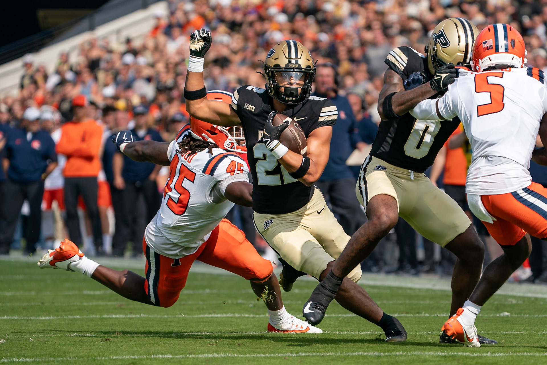 WEST LAFAYETTE, IN - OCTOBER 4, 2025: Purdue University Sophomore Running Back Antonio Harris (22) gets past University of Illinois’ Junior LB Malachi Hood (45) during the Purdue Boilermaker Football vs University of Illinois Fighting Illini at Ross-Ade Stadium(Photo by Steve Bowen / Northern Indiana Sports Report)