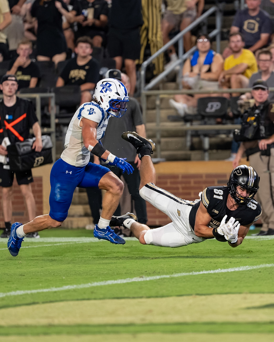 WEST LAFAYETTE, IN - SEPTEMBER 4, 2026: =po81 makes a diving catch inside the 5 yard line during the Purdue Boilermaker Football game vs the Indiana State Sycamores at Ross-Ade Stadium(Photo by Steve Bowen / Northern Indiana Sports Report)