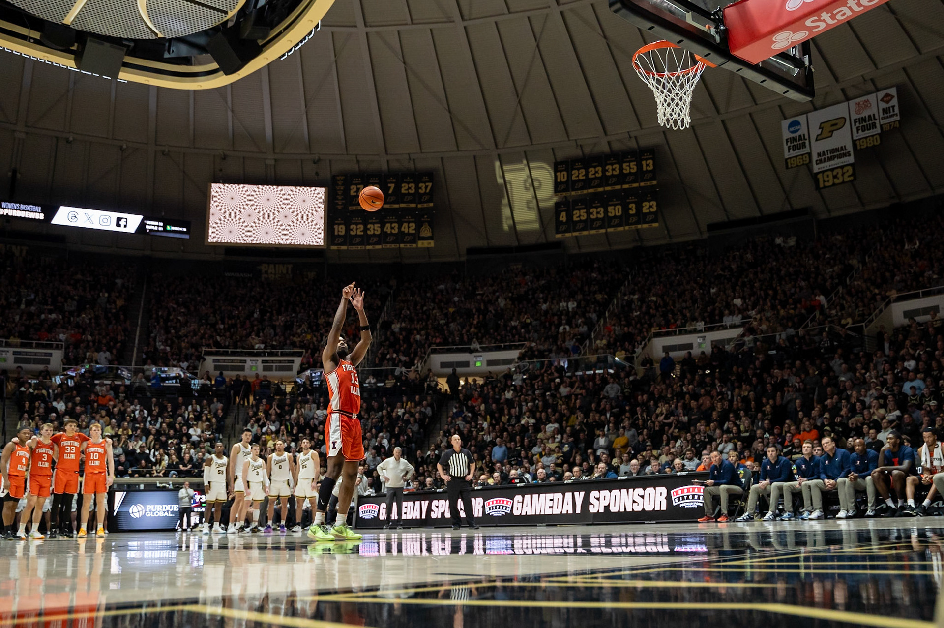 WEST LAFAYETTE, IN - JANUARY 5, 2024: Illinois Graduate Guard/Forward Quincy Guerrier (13) shooting a technical free throw after a questionable call in Purdue Boilermaker's Basketball vs the Illinois Fighting Illini at Mackey Arena(Photo by Steve Bowen / Bowen Arrow Photography / Northern Indiana Sports Report)