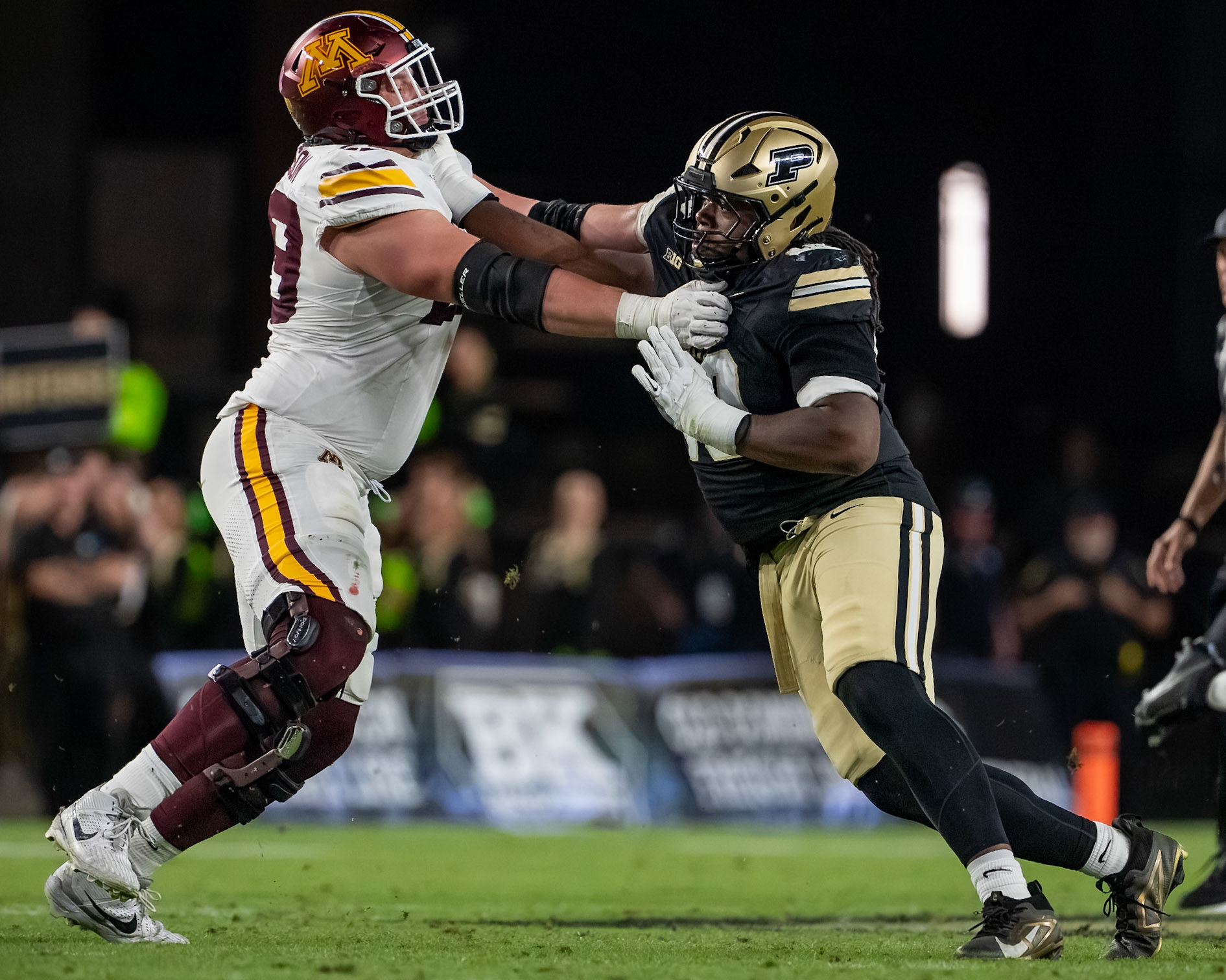 WEST LAFAYETTE, IN - OCTOBER 10, 2026: Purdue University Sophomore Defensive Lineman Ian Jeffries (40), University of Minnesota 5th Year OL Tony Nelson (59) during the Purdue Boilermakers vs Minnesota Golden Gophers football game at Ross-Ade Stadium(Photo by Steve Bowen / Northern Indiana Sports Report)