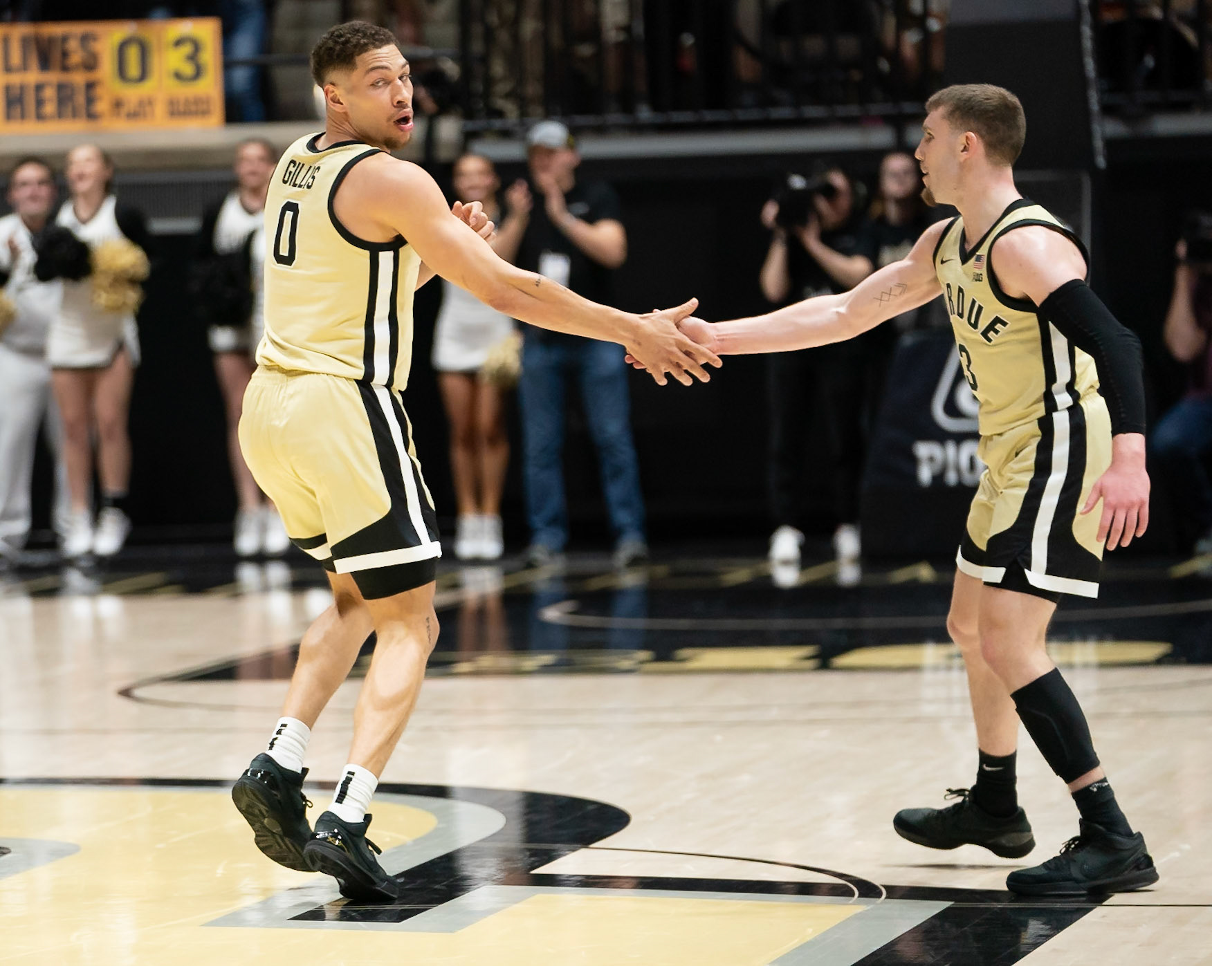 WEST LAFAYETTE, IN - FEBRUARY 15, 2024: Purdue Senior Forward Mason Gillis (0), Purdue Sophomore Guard Braden Smith (3) in Purdue Boilermakers Men's Basketball vs the Minnesota Golden Gophers at Mackey Arena(Photo by Steve Bowen / Bowen Arrow Photography / Northern Indiana Sports Report)
