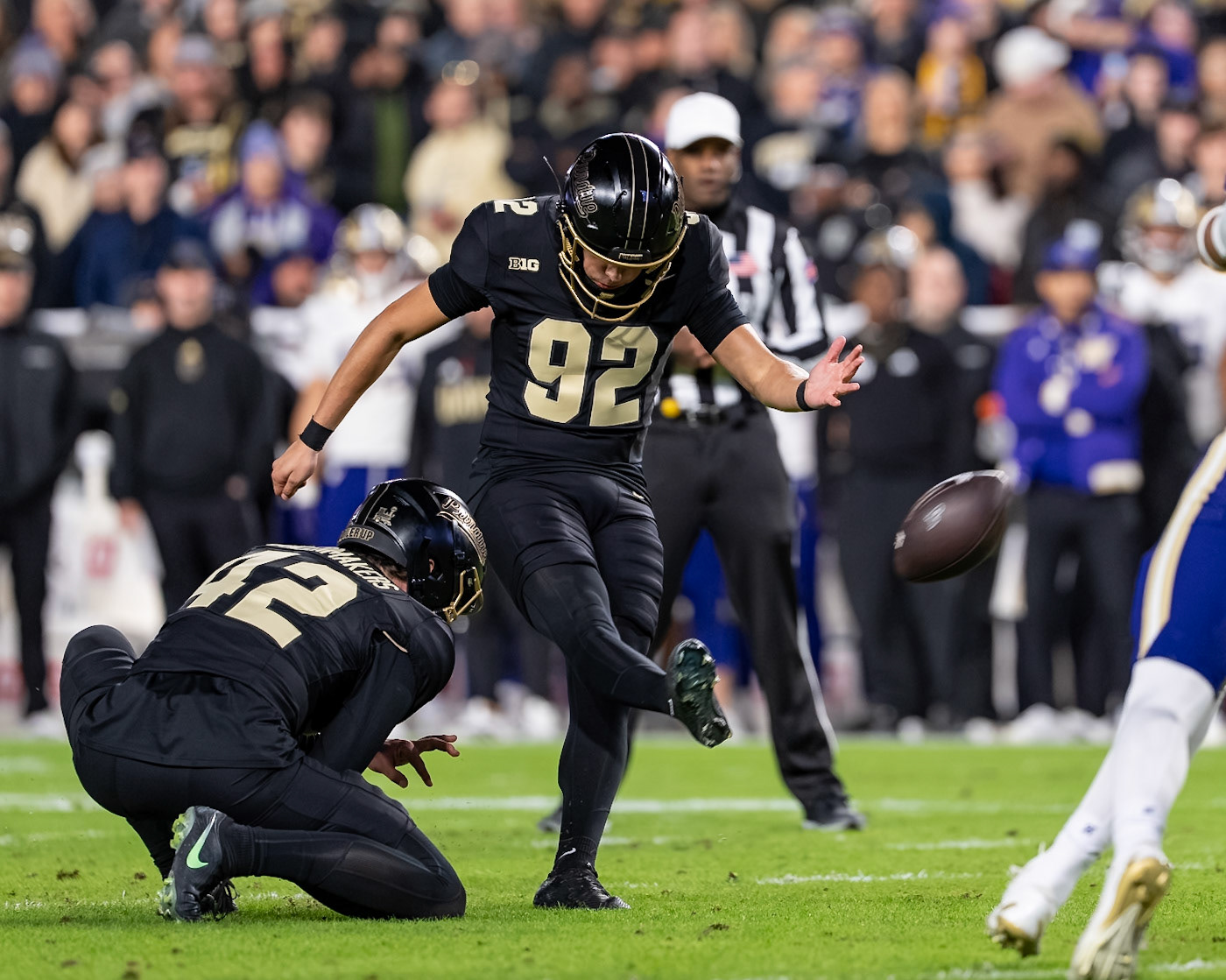 WEST LAFAYETTE, IN - OCTOBER 16, 2026: Purdue University Freshman Kicker Jacobo Echeverria Lozano (92), Purdue University Freshman Punter Dylan Drennan (42) during the Purdue Boilermakers vs Washington Huskies football game at Ross-Ade Stadium(Photo by Steve Bowen / Northern Indiana Sports Report)