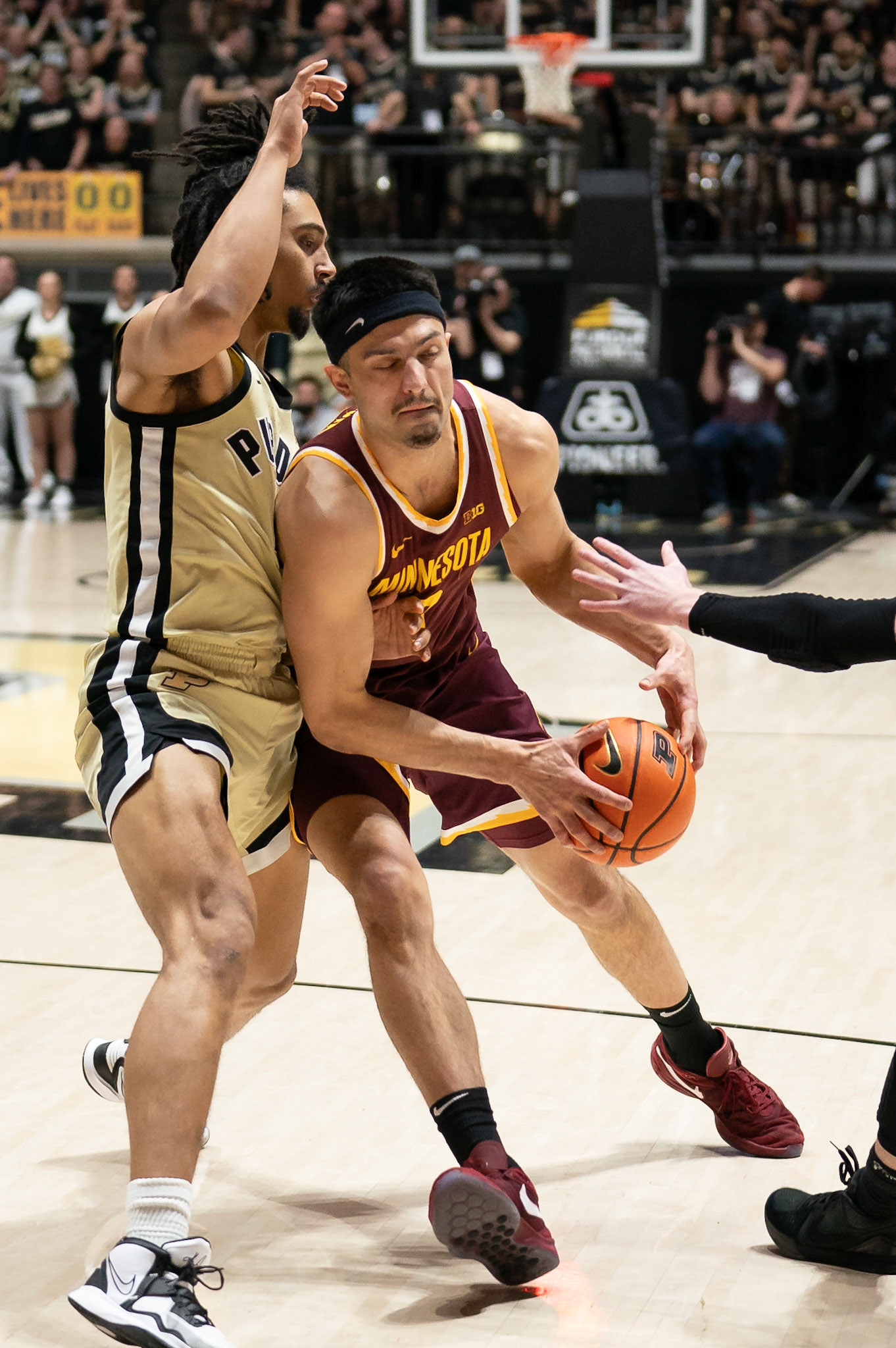 WEST LAFAYETTE, IN - FEBRUARY 15, 2024: Minnesota Junior Forward Dawson Garcia (3), Purdue Sophomore Forward Trey Kaufman-Renn (4) in Purdue Boilermakers Men's Basketball vs the Minnesota Golden Gophers at Mackey Arena(Photo by Steve Bowen / Bowen Arrow Photography / Northern Indiana Sports Report)