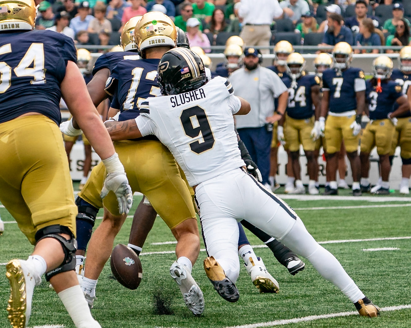 SOUTH BEND, IN - SEPTEMBER 20, 2025: Purdue University Senior Defensive Back Myles Slusher (9) gets the stricp sack of Notre Dame University Freshman QB CJ Carr (13) during the Purdue Boilermakers at Notre Dame Fighting Irish Football at Notre Dame Stadium(Photo by Steve Bowen / Northern Indiana Sports Report)