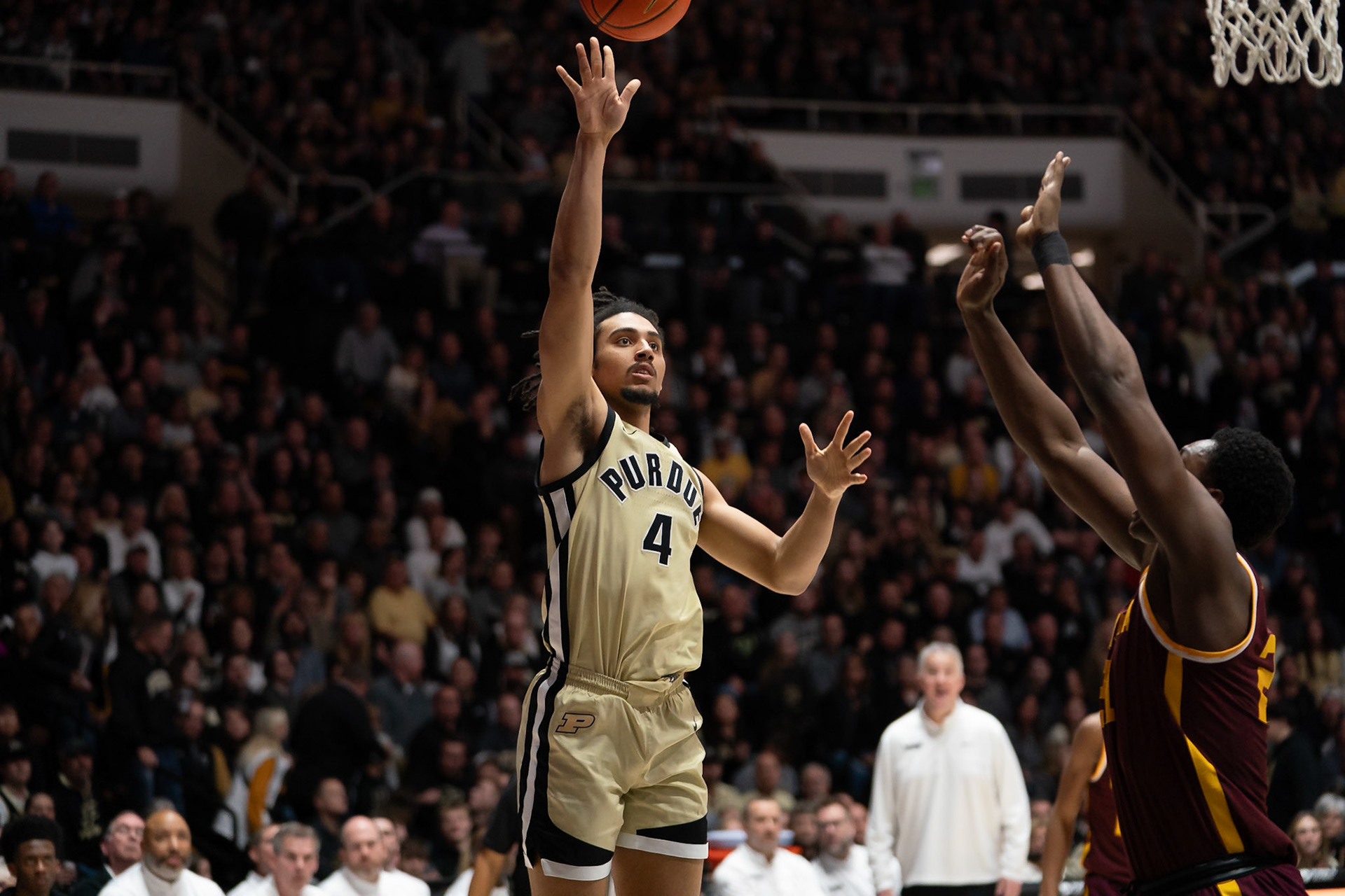 WEST LAFAYETTE, IN - FEBRUARY 15, 2024: Purdue Sophomore Forward Trey Kaufman-Renn (4) in Purdue Boilermakers Men's Basketball vs the Minnesota Golden Gophers at Mackey Arena(Photo by Steve Bowen / Bowen Arrow Photography / Northern Indiana Sports Report)