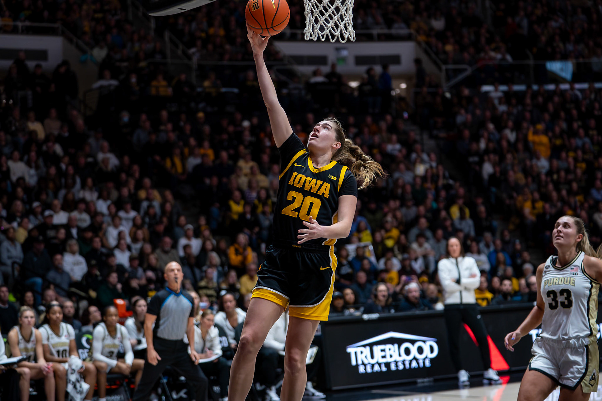 WEST LAFAYETTE, IN - JANUARY 10, 2024: Iowa Guard Graduate Kate Martin (20) competing in Purdue Boilermaker Women's Basketball vs the Iowa Hawkeyes at Mackey Arena(Photo by Steve Bowen / Bowen Arrow Photography / Northern Indiana Sports Report)