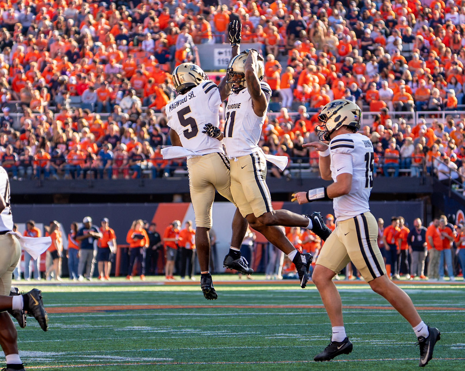 CHAMPAIGN, IL - OCTOBER 3, 2026: Purdue University Wide Receiver Tra'Mar Harris (11), Purdue University Senior Wide Receiver Chauncey Magwood (5) during the Purdue Boilermakers at Illinois Fighting Illini football game at Gies Memorial Stadium(Photo by Steve Bowen / Northern Indiana Sports Report)