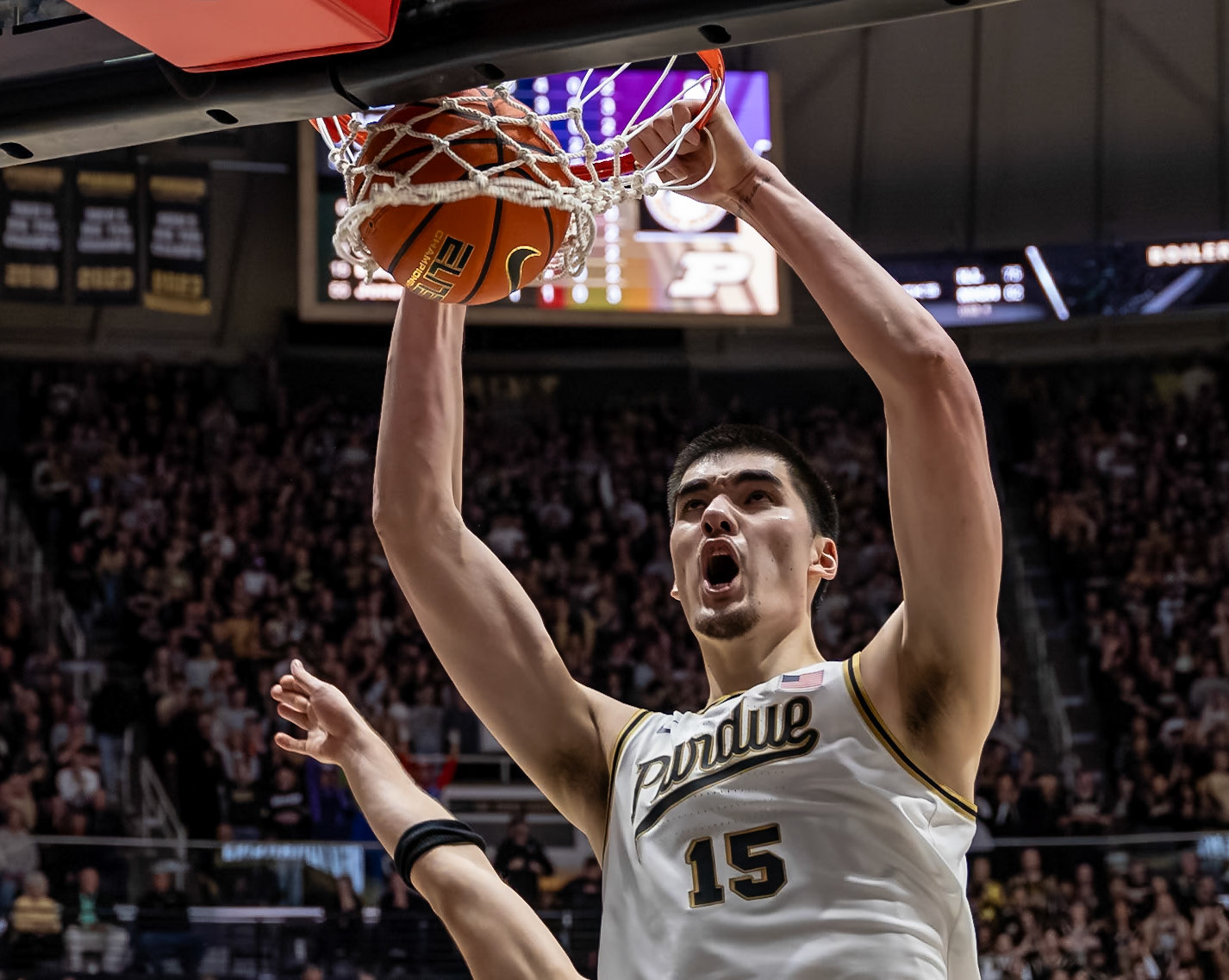 WEST LAFAYETTE, IN - JANUARY 31, 2024: Purdue Senior Center Zach Edey (15) competing in Purdue Boilermakers Mens Basketball versus the Northwestern Wildcats at Mackey Arena(Photo by Steve Bowen / Bowen Arrow Photography / Northern Indiana Sports Report)