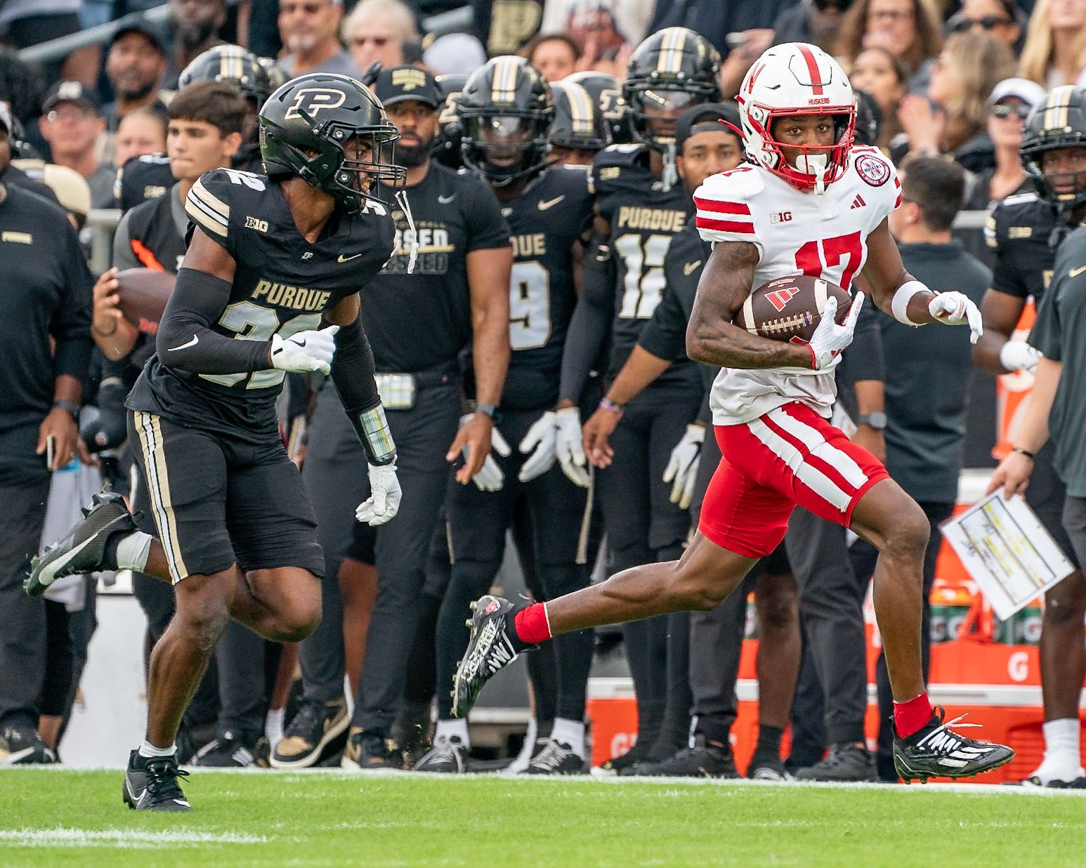 WEST LAFAYETTE, IN - SEPTEMBER 28, 2024: Nebraska University Sophomore Quarterback Luke Longval (17), Purdue University Sophomore Defensive Back Joseph Jefferson II (32) during the Purdue University Boilermakers vs Nebraska University Cornhuskers Football game at Ross-Ade Stadium(Photo by Steve Bowen / Bowen Arrow Photography / Northern Indiana Sports Report)