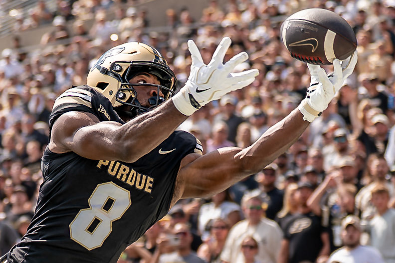 WEST LAFAYETTE, IN - SEPTEMBER 12, 2026: Purdue University Junior Wide Receiver De'Nylon Morrissette (8) reaches for a pass at the backend of the end zone during the Purdue Boilermakers football game vs the Wake Forest Demon Deacons at Ross-Ade Stadium(Photo by Steve Bowen / Northern Indiana Sports Report)