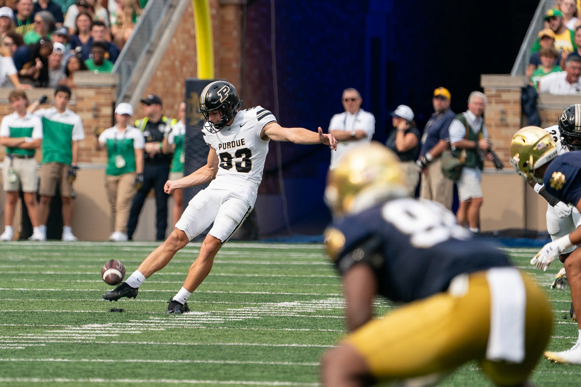 SOUTH BEND, IN - SEPTEMBER 20, 2025: Purdue University Sophomore Punter Seth Turner (93) kicking off after a touchdown during the Purdue Boilermakers at Notre Dame Fighting Irish Football at Notre Dame Stadium(Photo by Steve Bowen / Northern Indiana Sports Report)