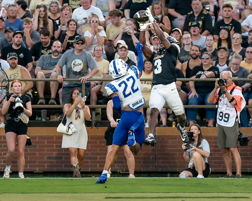 WEST LAFAYETTE, IN - SEPTEMBER 4, 2026: Purdue University Senior Wide Receiver Xavier Townsend (3) leaps high for a catch in the end zone while being defended by Indiana State University Defensive Back Zach Coleman (22) during the Purdue Boilermaker Football game vs the Indiana State Sycamores at Ross-Ade Stadium(Photo by Steve Bowen / Northern Indiana Sports Report)