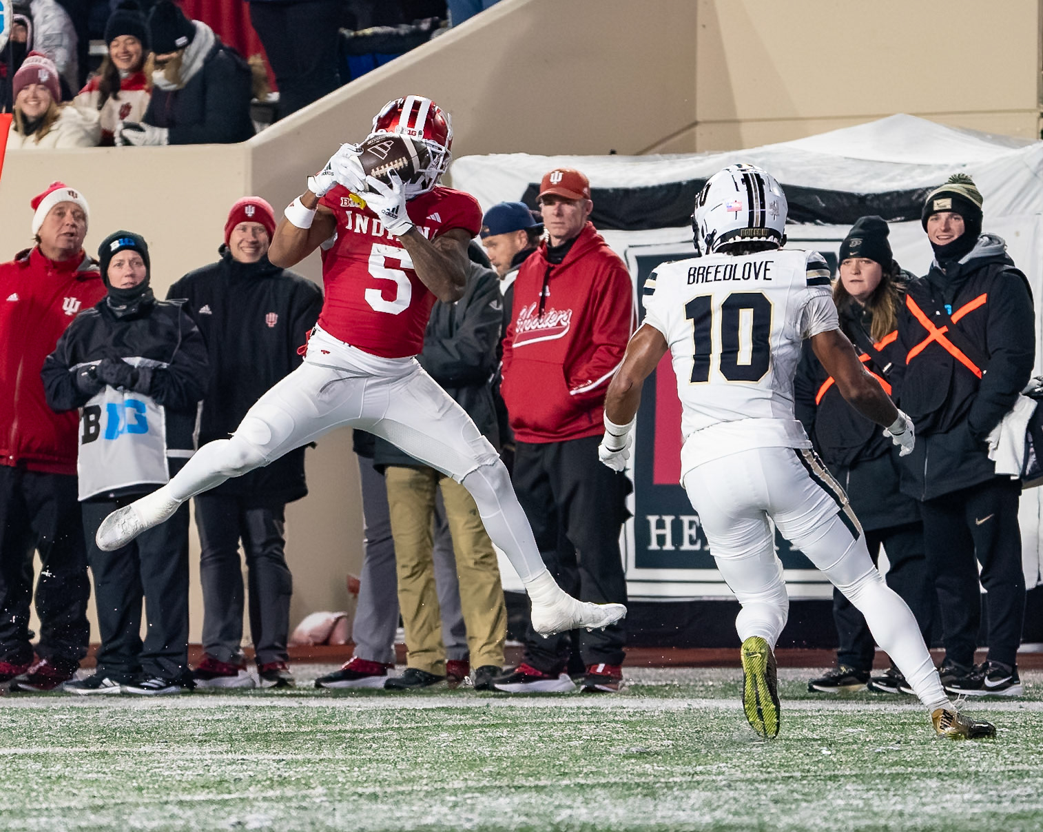 BLOOMINGTON, IN - NOVEMBER 30, 2024: Indiana University 5th Year Senior WR Ke'Shawn Williams (5), Purdue University Junior Defensive Back Kyndrich Breedlove (10) during the Purdue University Boilermakers at Indiana University Hoosiers Football game at Memorial Stadium(Photo by Steve Bowen / Bowen Arrow Photography / Northern Indiana Sports Report)
