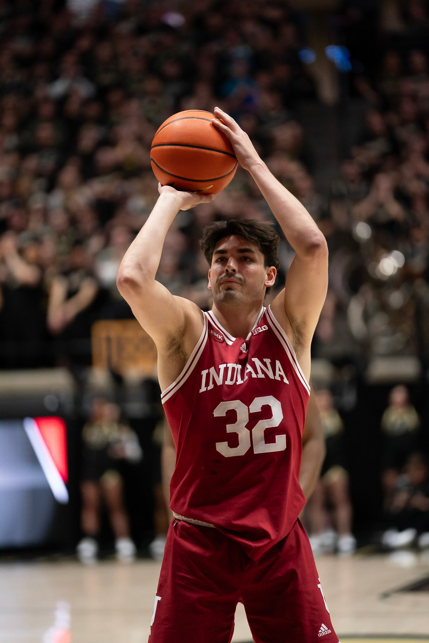 WEST LAFAYETTE, IN - FEBRUARY 10, 2024: Indiana Senior Guard Trey Galloway (32) in Purdue Boilermaker vs Indiana Hoosiers Basketball at Mackey Arena(Photo by Steve Bowen / Bowen Arrow Photography / Northern Indiana Sports Report)