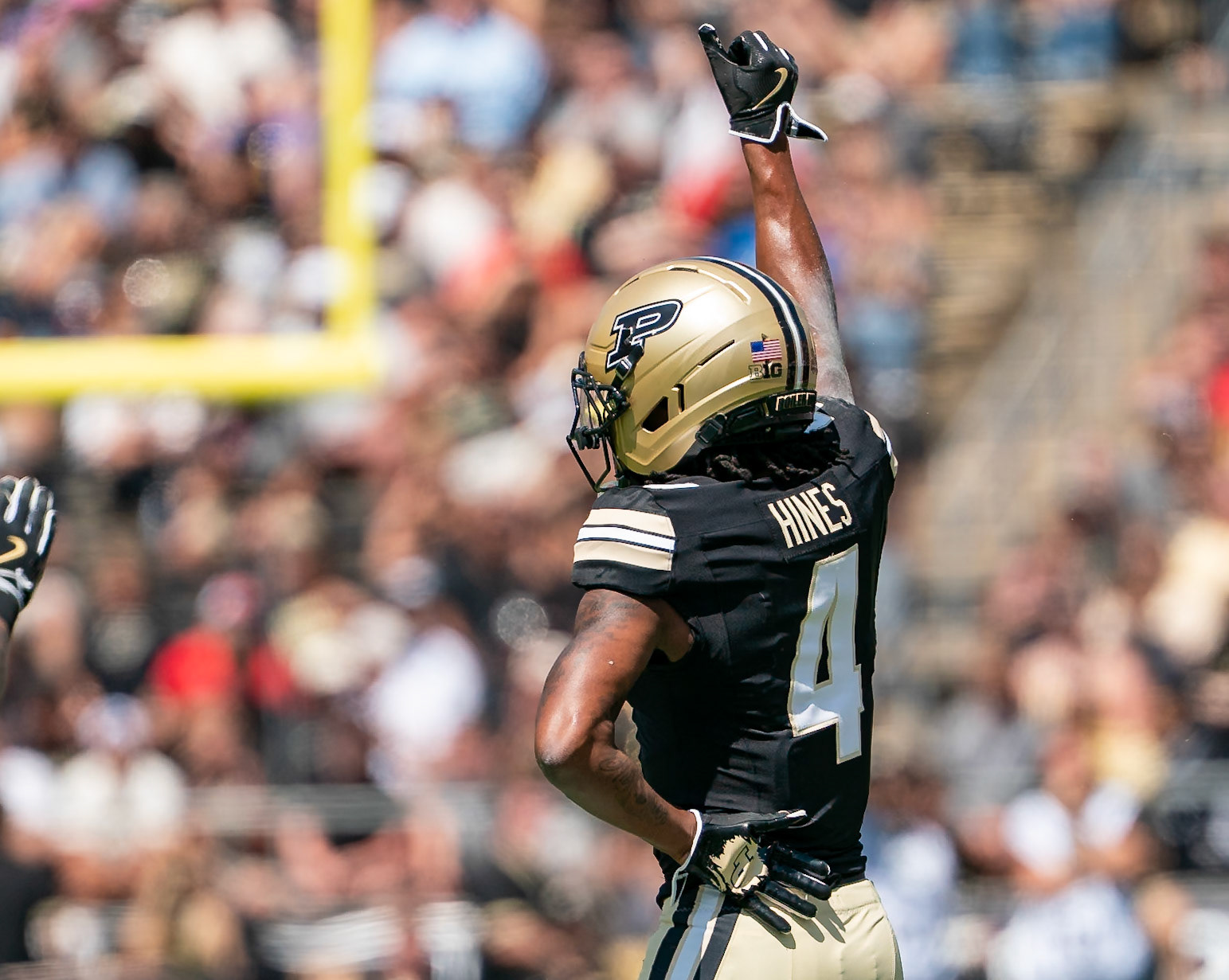 WEST LAFAYETTE, IN - AUGUST 30, 2025: Purdue University Sophomore Defensive Back Hudauri Hines (4) after a 3rd down stop at Purdue Boilermaker Football vs Ball State Football at Ross-Ade Stadium(Photo by Steve Bowen / Northern Indiana Sports Report)