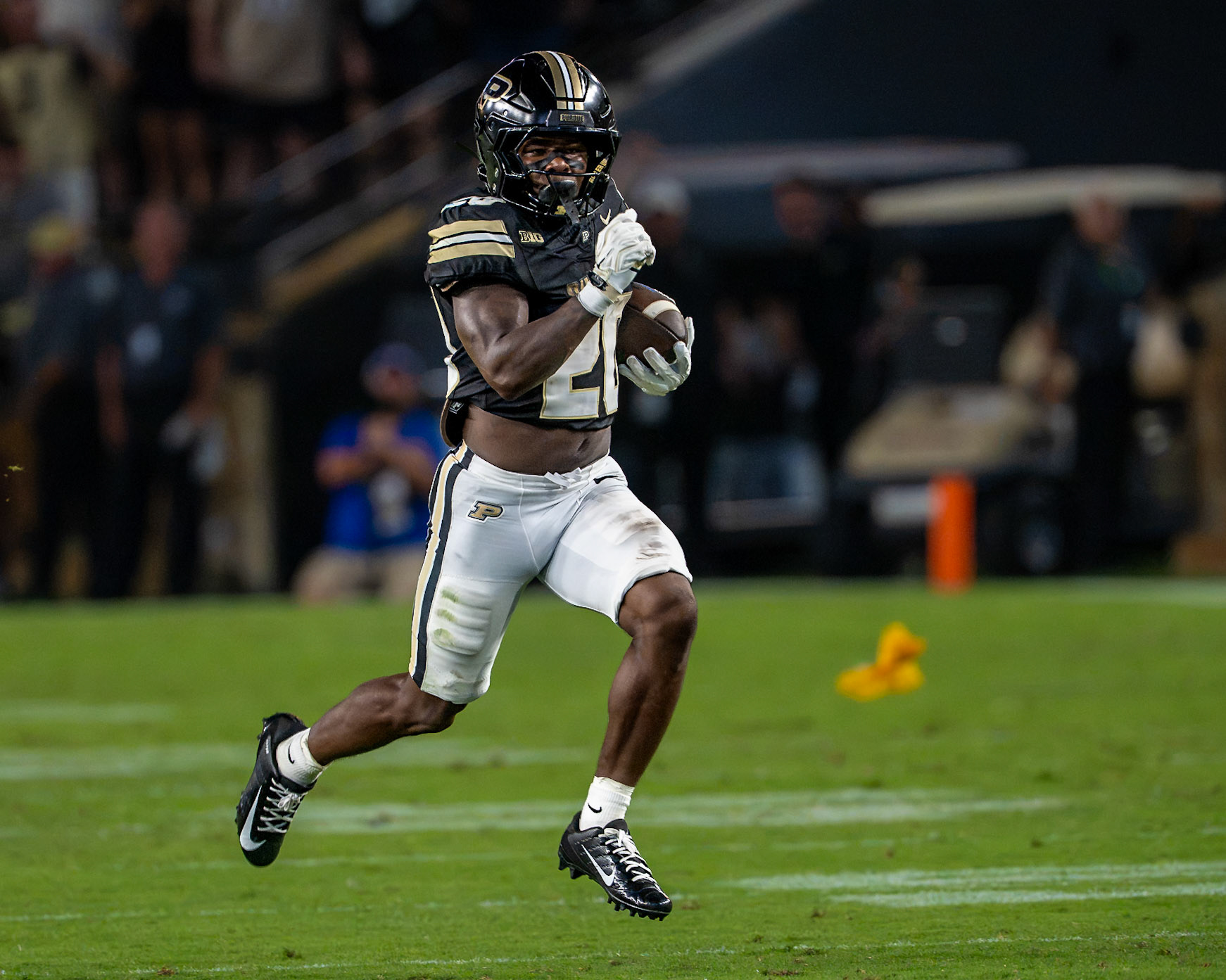 WEST LAFAYETTE, IN - SEPTEMBER 4, 2026: Purdue University Freshman Running Back Travis Terrell Jr. (20) runs a kickoff back in the 4th quarter of the Purdue Boilermaker Football game vs the Indiana State Sycamores at Ross-Ade Stadium(Photo by Steve Bowen / Northern Indiana Sports Report)