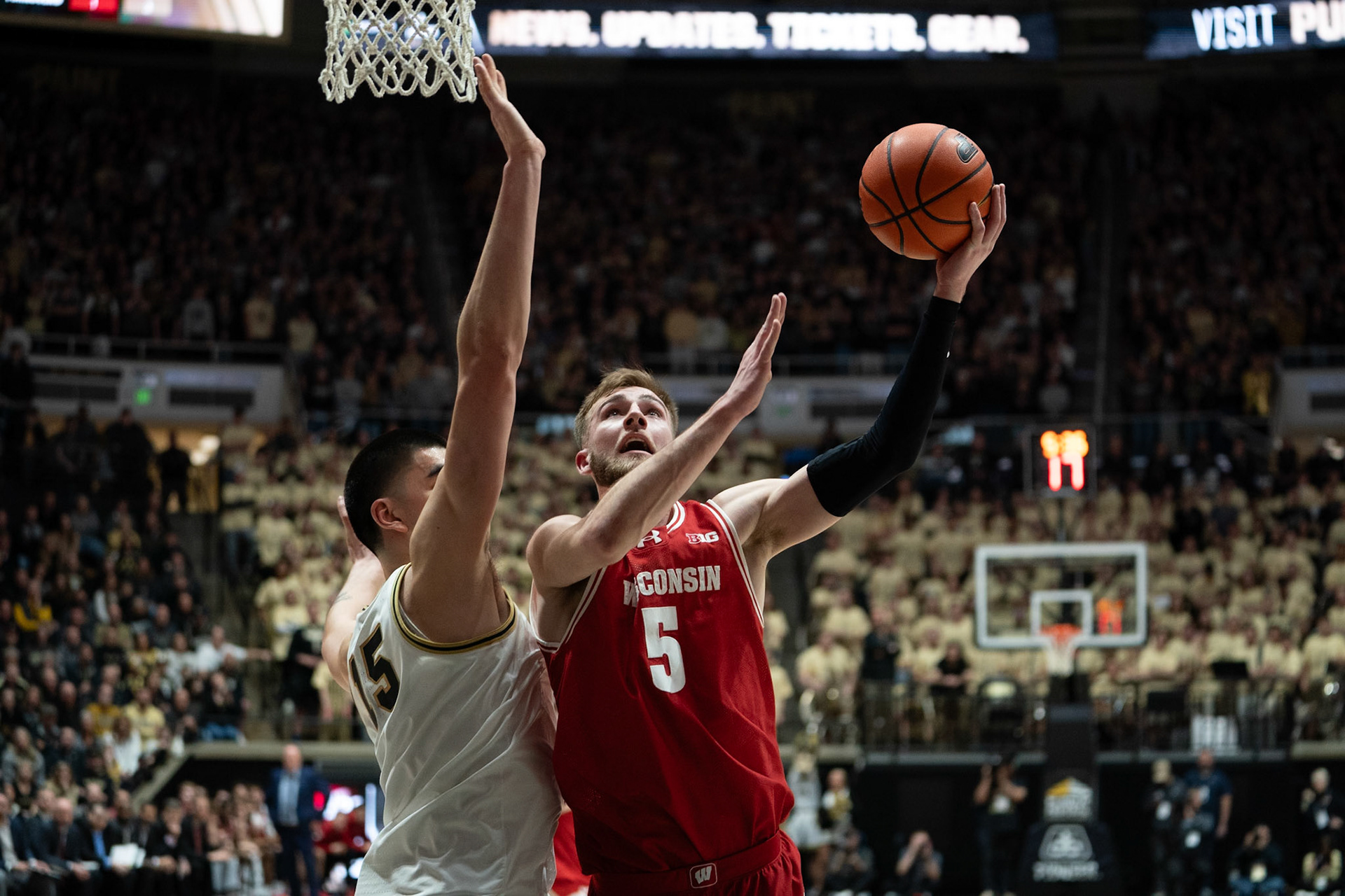 WEST LAFAYETTE, IN - MARCH 10, 2024: Wisconsin Graduate Forward Tyler Wahl (5), Purdue Senior Center Zach Edey (15) competing in Purdue University Boilermaker Basketball vs University of Wisconsin Badgers at Mackey Arena(Photo by Steve Bowen / Bowen Arrow Photography / Northern Indiana Sports Report)
