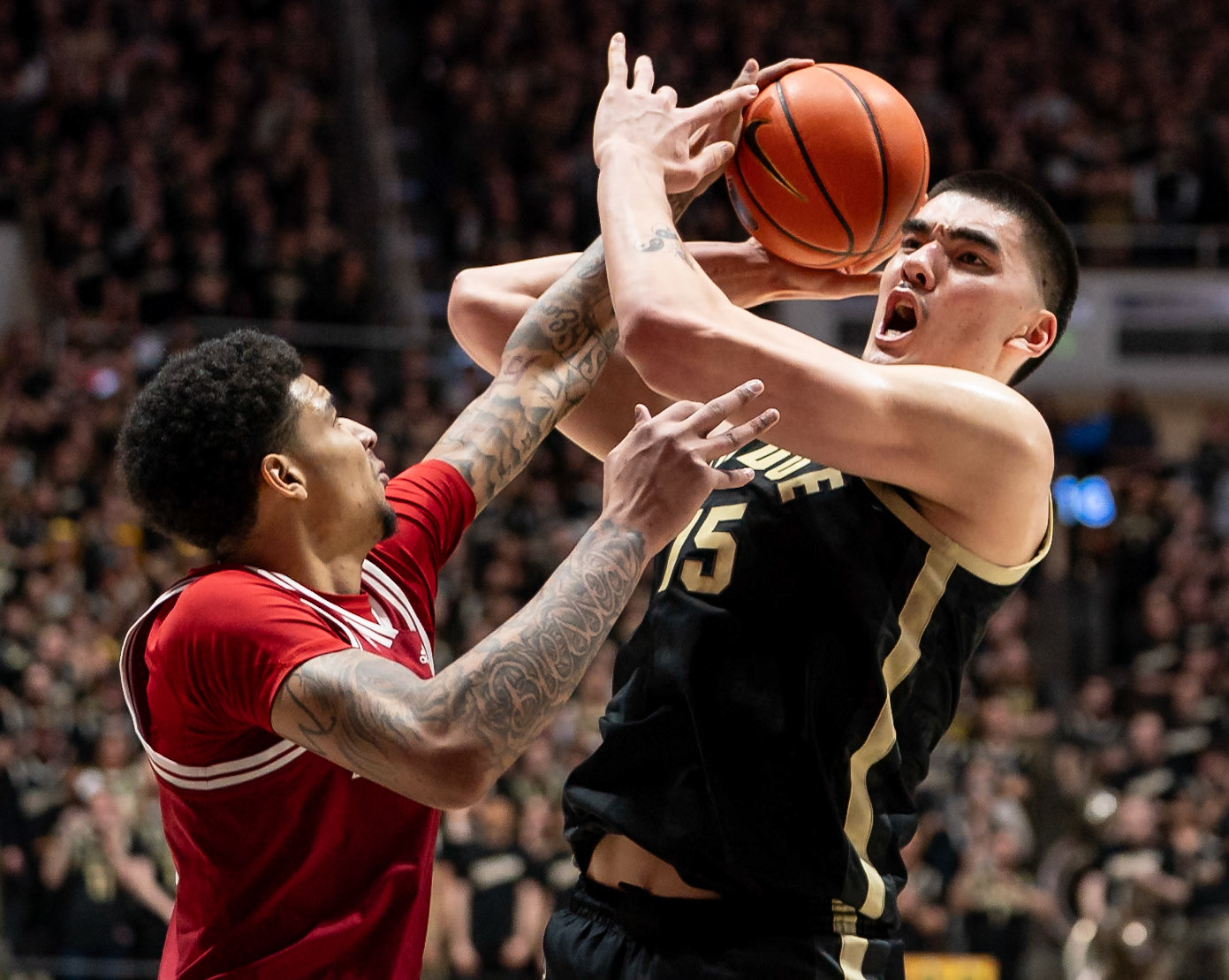WEST LAFAYETTE, IN - FEBRUARY 10, 2024: Purdue Senior Center Zach Edey (15), Indiana Sophomore Center Kel'el Ware (1) in Purdue Boilermaker vs Indiana Hoosiers Basketball at Mackey Arena(Photo by Steve Bowen / Bowen Arrow Photography / Northern Indiana Sports Report)