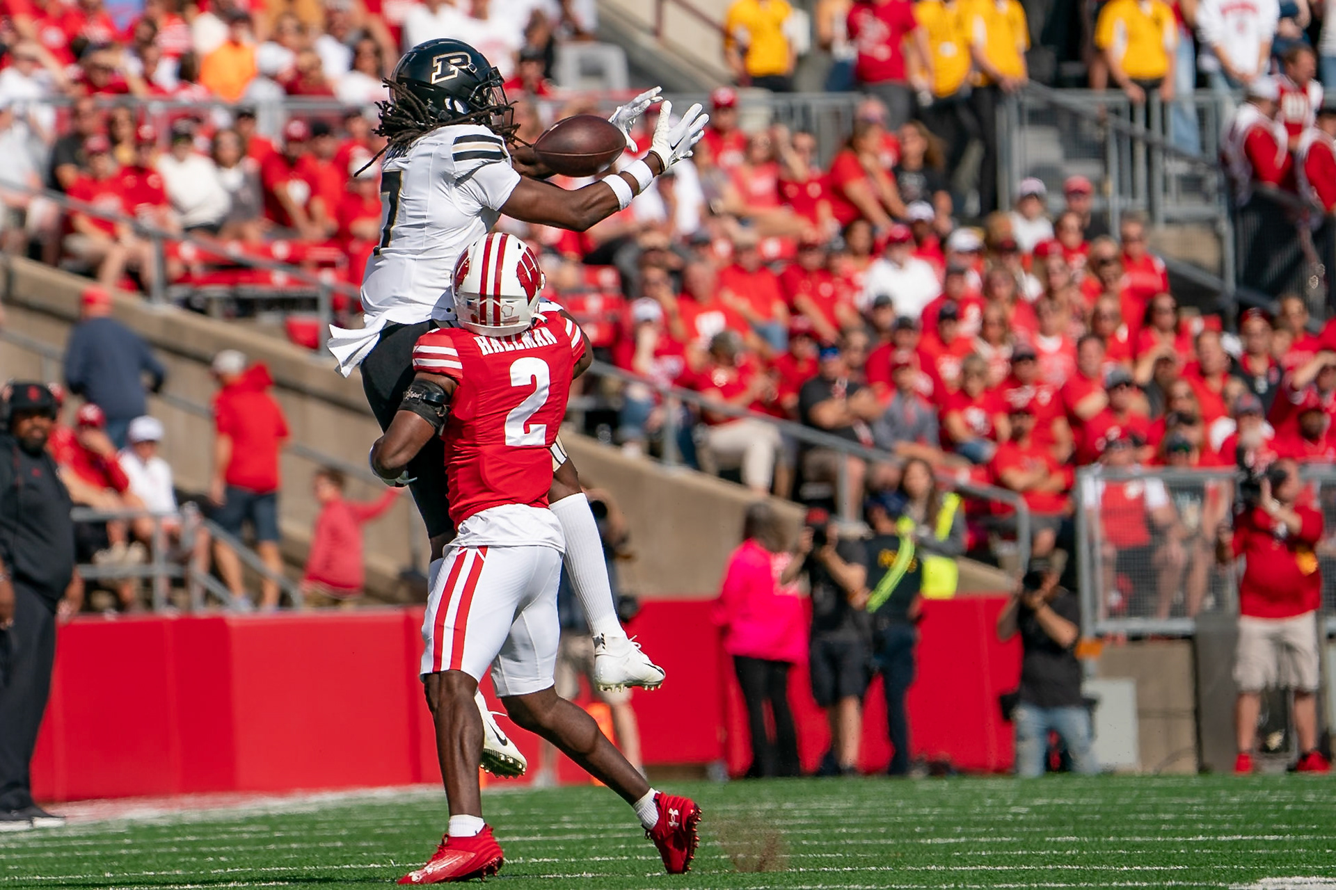 MADISON, WI - OCTOBER 5, 2024: Purdue University Junior Wide Receiver Jahmal Edrine (7) jumping high to catch a ball while being defended by University of Wisconsin Redshirt Junior CB Ricardo Hallman (2) during the Purdue University Boilermakers at University of Wisconsin Badger Football game at Camp Randall Stadium(Photo by Steve Bowen / NISports Report)