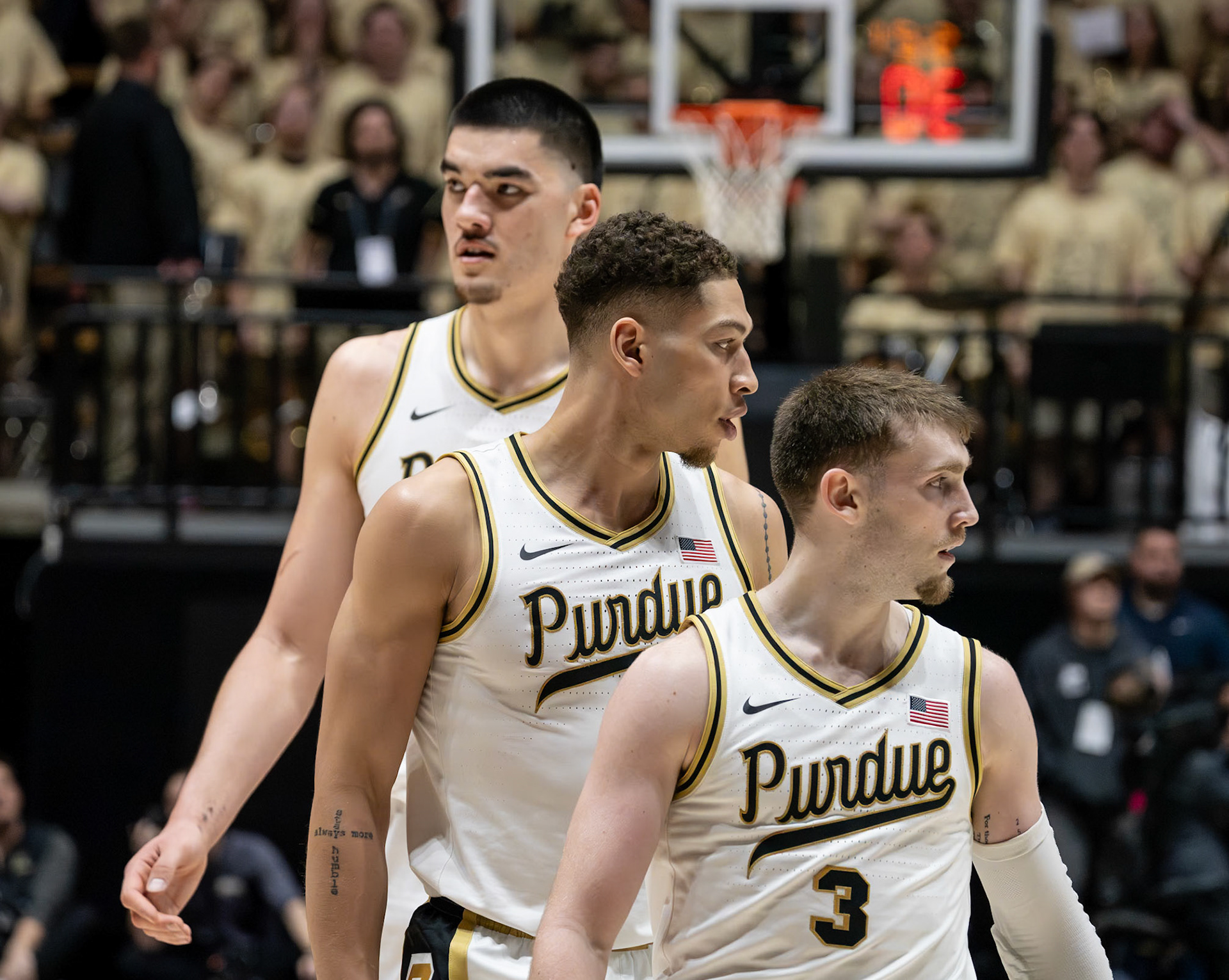 WEST LAFAYETTE, IN - MARCH 10, 2024: Purdue Sophomore Guard Braden Smith (3), Purdue Senior Forward Mason Gillis (0), Purdue Senior Center Zach Edey (15) competing in Purdue University Boilermaker Basketball vs University of Wisconsin Badgers at Mackey Arena(Photo by Steve Bowen / Bowen Arrow Photography / Northern Indiana Sports Report)