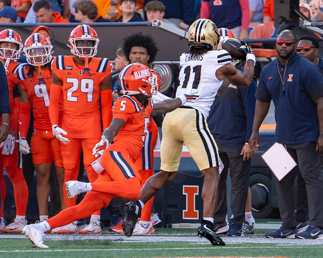 CHAMPAIGN, IL - OCTOBER 3, 2026: Purdue University Wide Receiver Tra'Mar Harris (11), University of Illinois Junior DB Jakwon Morris (5) during the Purdue Boilermakers at Illinois Fighting Illini football game at Gies Memorial Stadium(Photo by Steve Bowen / Northern Indiana Sports Report)