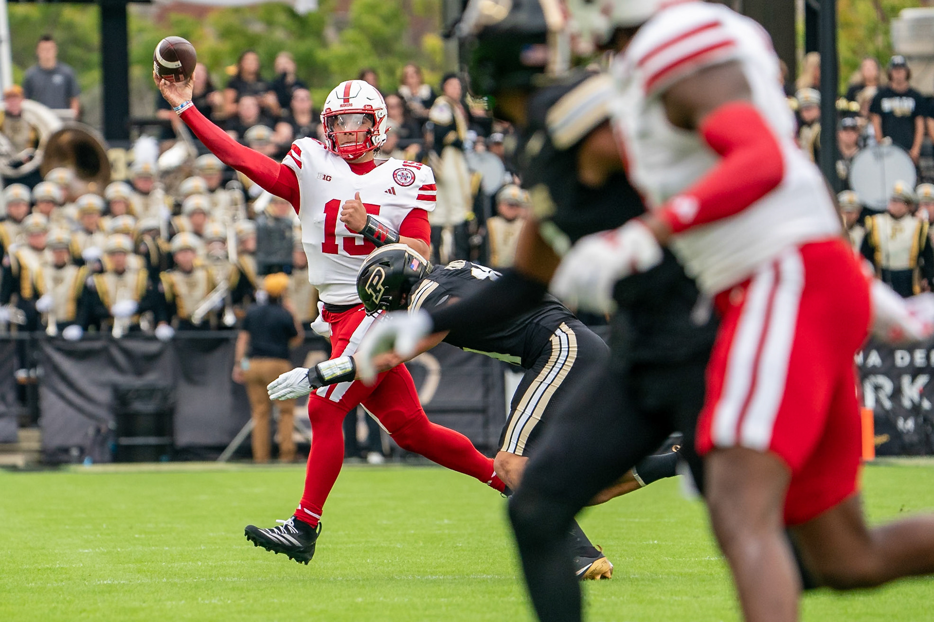 WEST LAFAYETTE, IN - SEPTEMBER 28, 2024: Nebraska University Freshman Quarterback Dylan Raiola (15) during the Purdue University Boilermakers vs Nebraska University Cornhuskers Football game at Ross-Ade Stadium(Photo by Steve Bowen / Bowen Arrow Photography / Northern Indiana Sports Report)