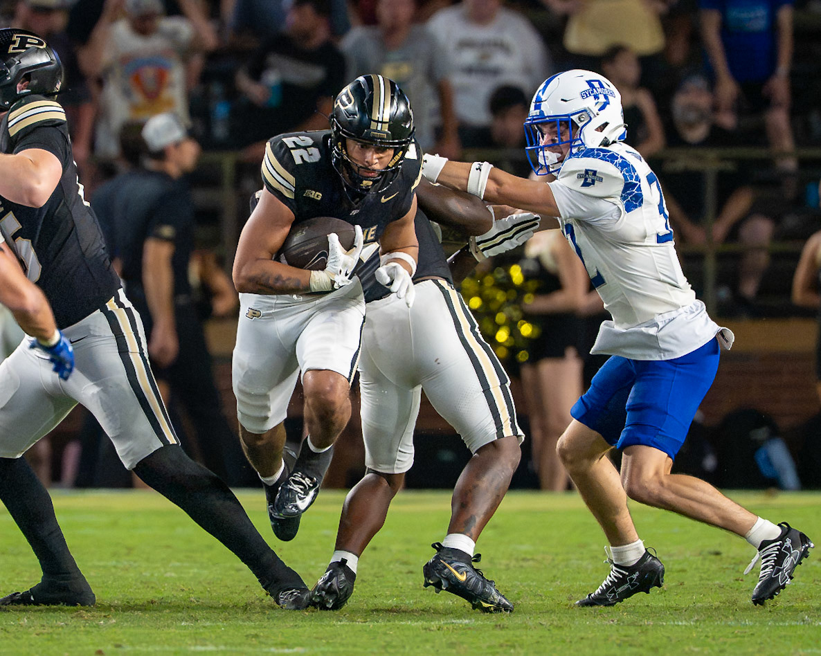 WEST LAFAYETTE, IN - SEPTEMBER 4, 2026: Purdue University Freshman Running Back Antonio Harris (22) jumps through the line of scrimmage during the Purdue Boilermaker Football game vs the Indiana State Sycamores at Ross-Ade Stadium(Photo by Steve Bowen / Northern Indiana Sports Report)