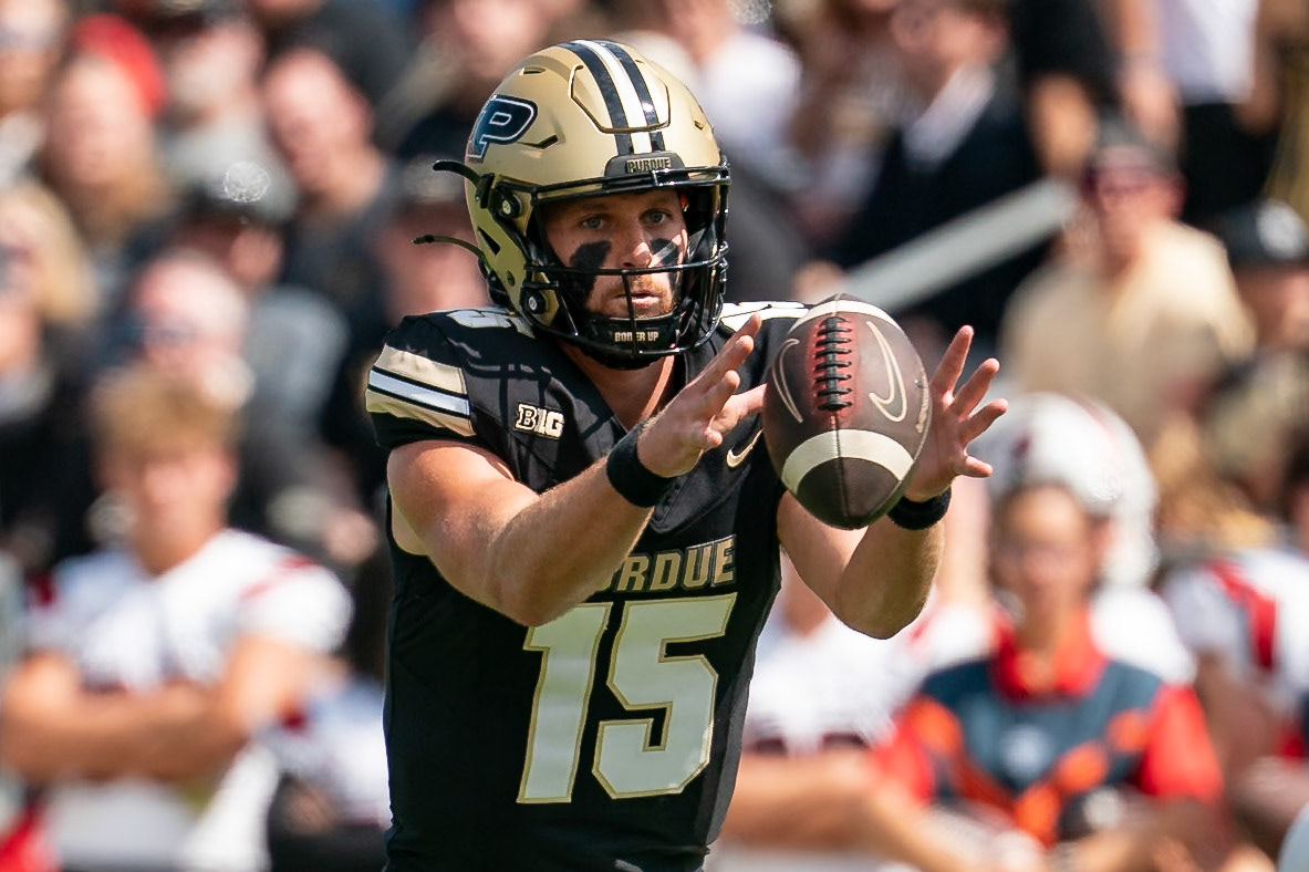 WEST LAFAYETTE, IN - AUGUST 30, 2025: Purdue University Sophomore Quaterback Ryan Browne (15) getting the snap at Purdue Boilermaker Football vs Ball State Football at Ross-Ade Stadium(Photo by Steve Bowen / Northern Indiana Sports Report)
