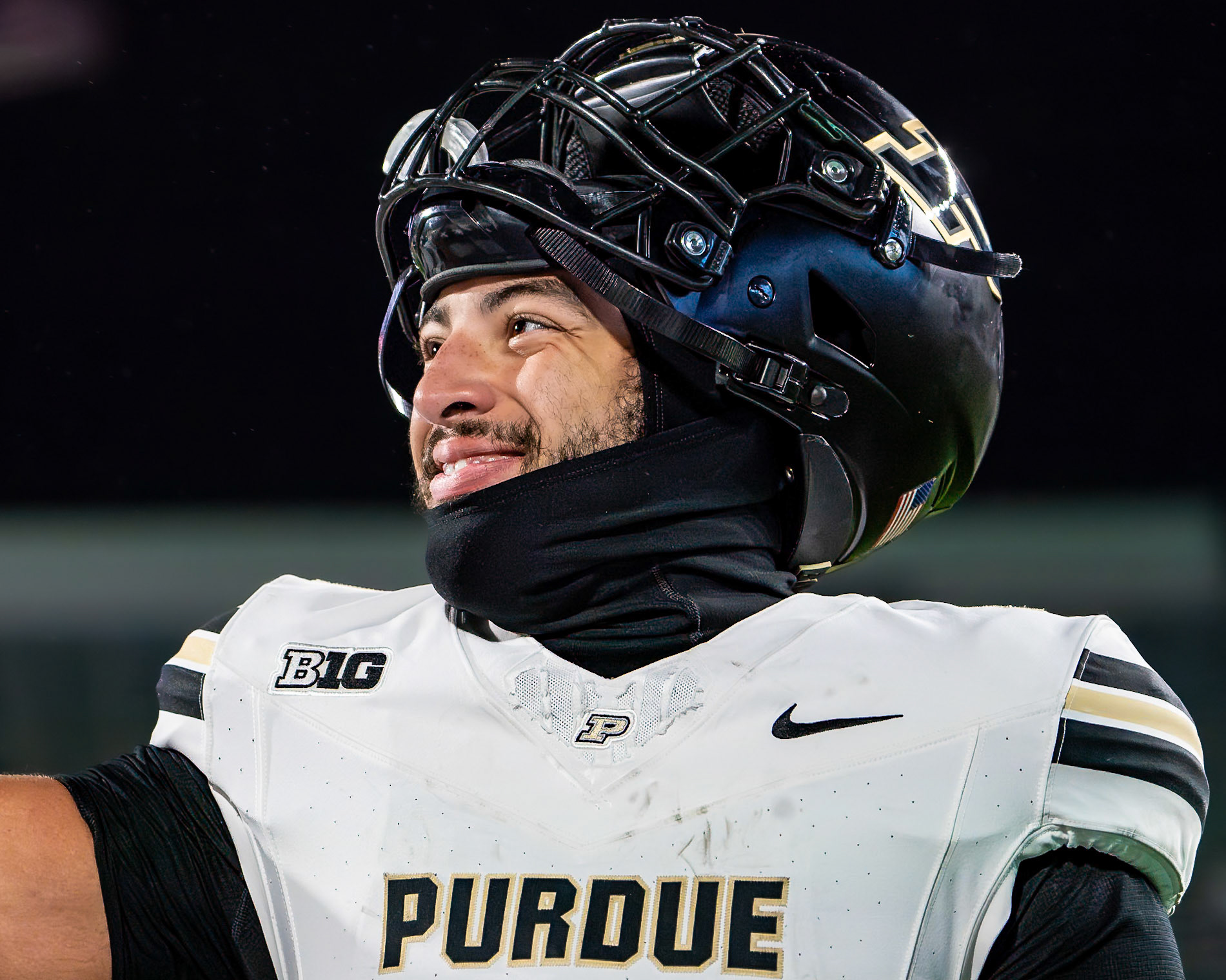 EAST LANSING, MI - NOVEMBER 22, 2024: Purdue University Junior Running Back Devin Mockobee (45) smiling at some freinds during pre-game wamrups before the Purdue University Boilermakers at Michigan State University Spartans Football game at Spartan Stadium(Photo by Steve Bowen / Bowen Arrow Photography / Northern Indiana Sports Report)