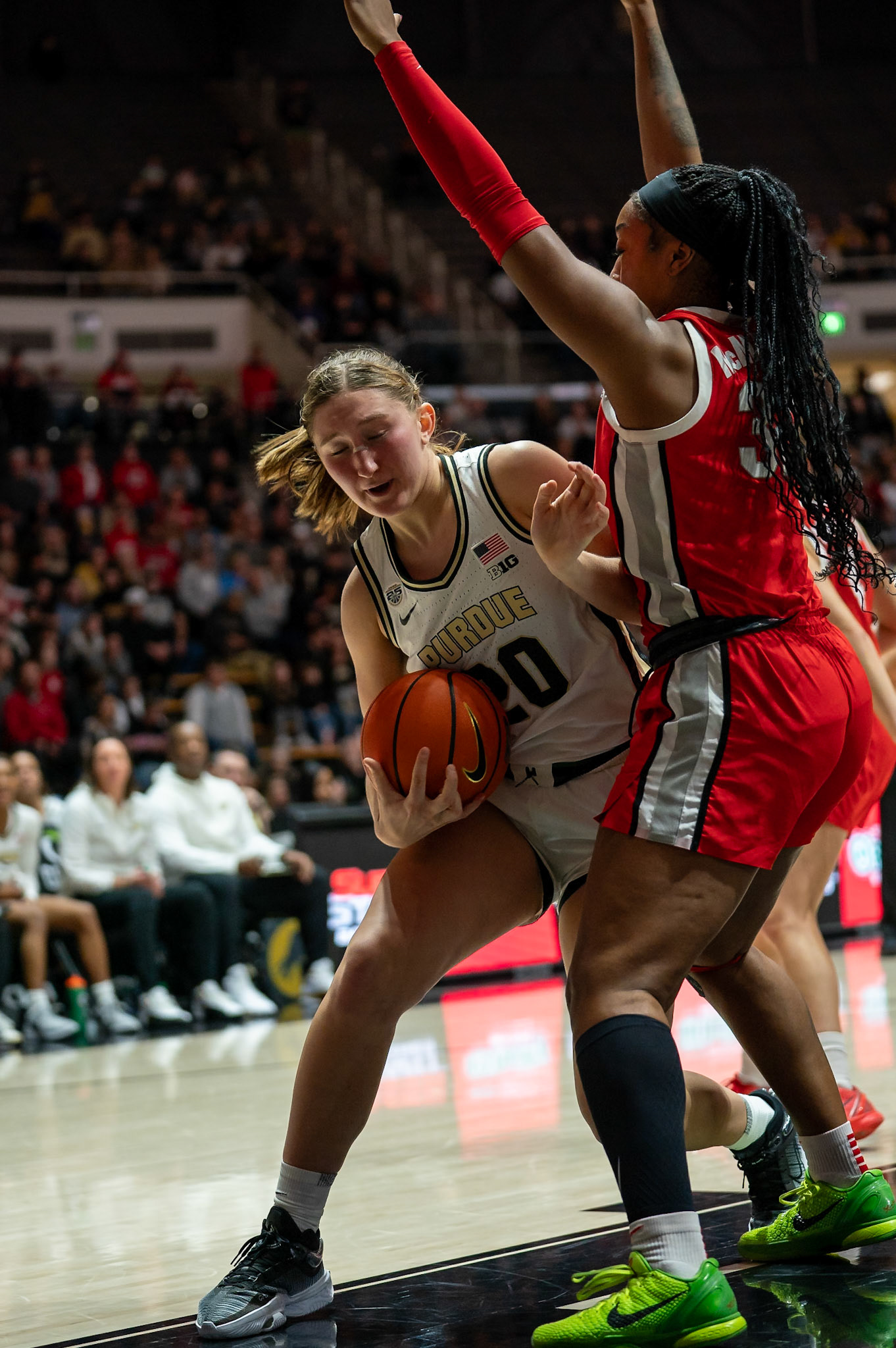 WEST LAFAYETTE, IN - JANUARY 28, 2024: Purdue Freshman Forward Mary Ashley Stevenson (20), Ohio State Forward Sophomore Cotie McMahon (32) competing in Purdue Boilermaker Women's Basketball versus the Ohio State Buckeyes at Mackey Arena(Photo by Steve Bowen / Bowen Arrow Photography / Northern Indiana Sports Report)