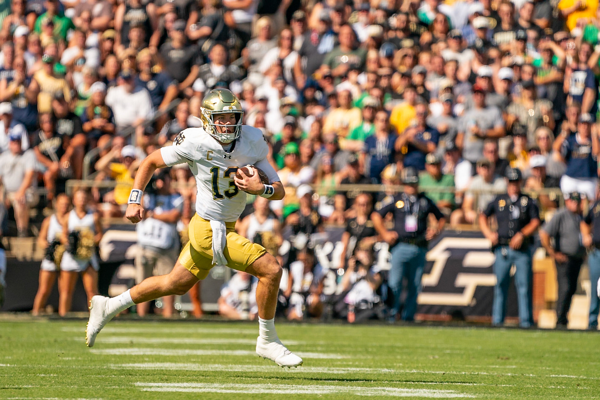 WEST LAFAYETTE, IN - SEPTEMBER 14, 2024: Notre Dame Senior QB Riley Leonard (13) during the Purdue University Boilermakers vs Notre Dame Fighting Irish Football game at Ross-Ade Stadium(Photo by Steve Bowen / Bowen Arrow Photography / Northern Indiana Sports Report)