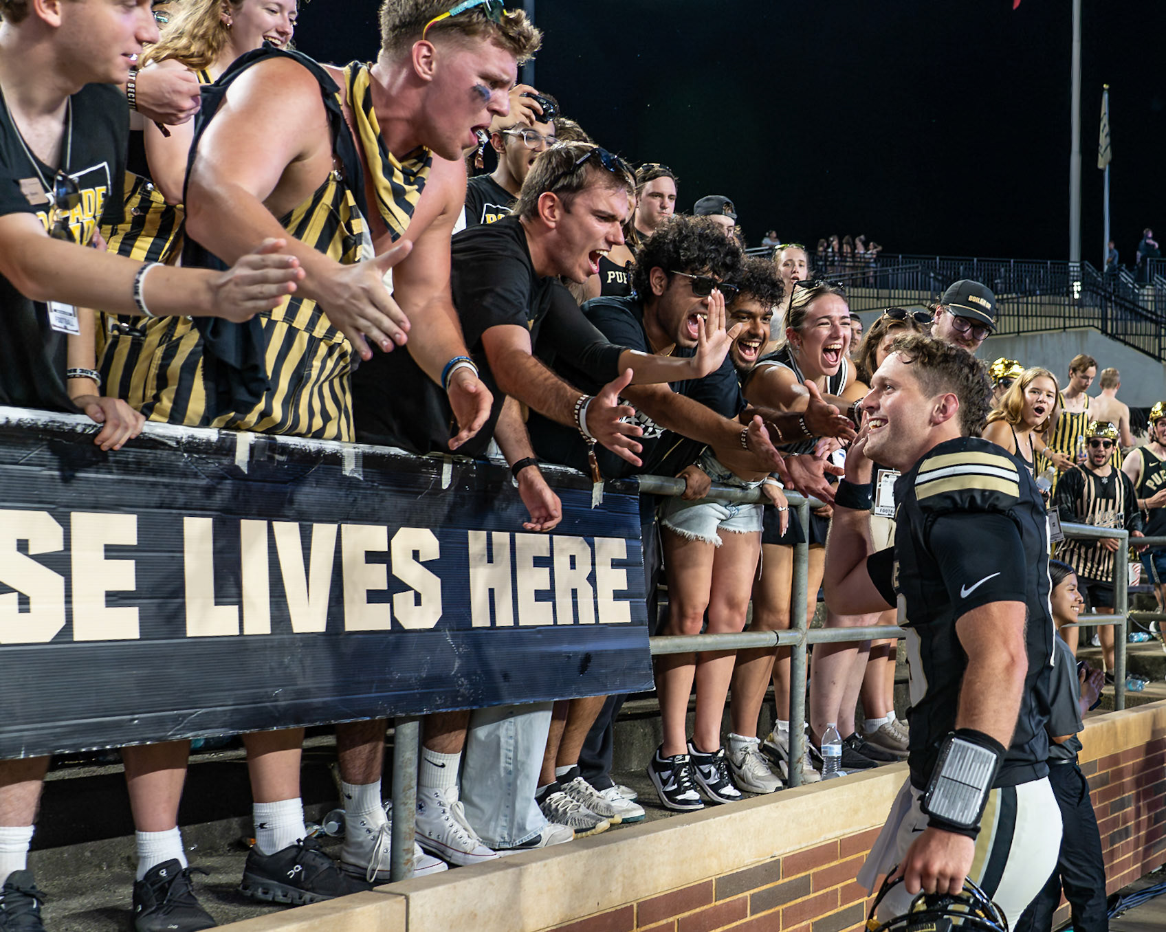 WEST LAFAYETTE, IN - SEPTEMBER 4, 2026: Purdue University Quarterback Ryan Browne (15) celebrates winning with the Purdue University Ross-Ade Brigade after the Purdue Boilermaker Football game vs the Indiana State Sycamores at Ross-Ade Stadium(Photo by Steve Bowen / Northern Indiana Sports Report)