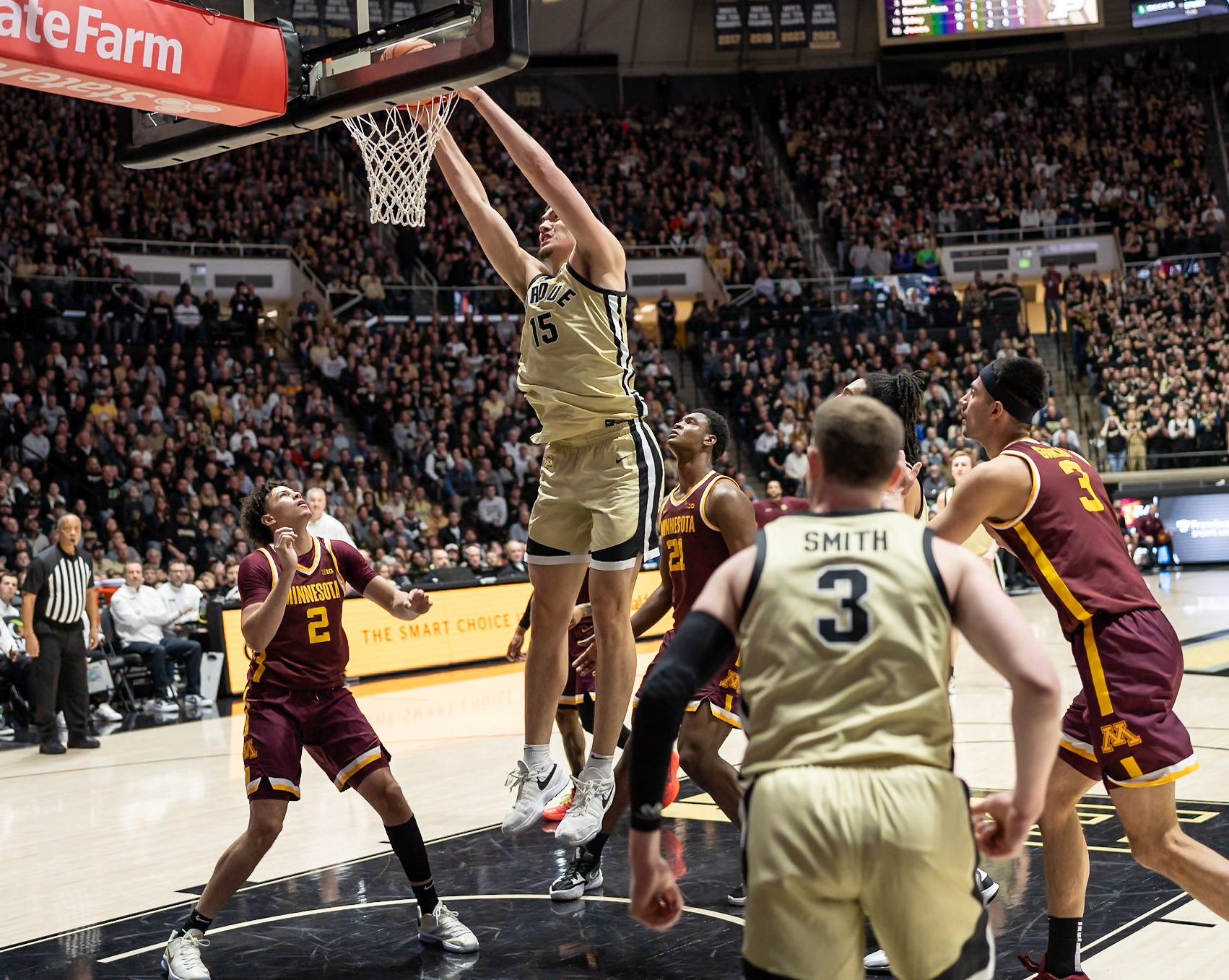 WEST LAFAYETTE, IN - FEBRUARY 15, 2024: Purdue Senior Center Zach Edey (15) in Purdue Boilermakers Men's Basketball vs the Minnesota Golden Gophers at Mackey Arena(Photo by Steve Bowen / Bowen Arrow Photography / Northern Indiana Sports Report)