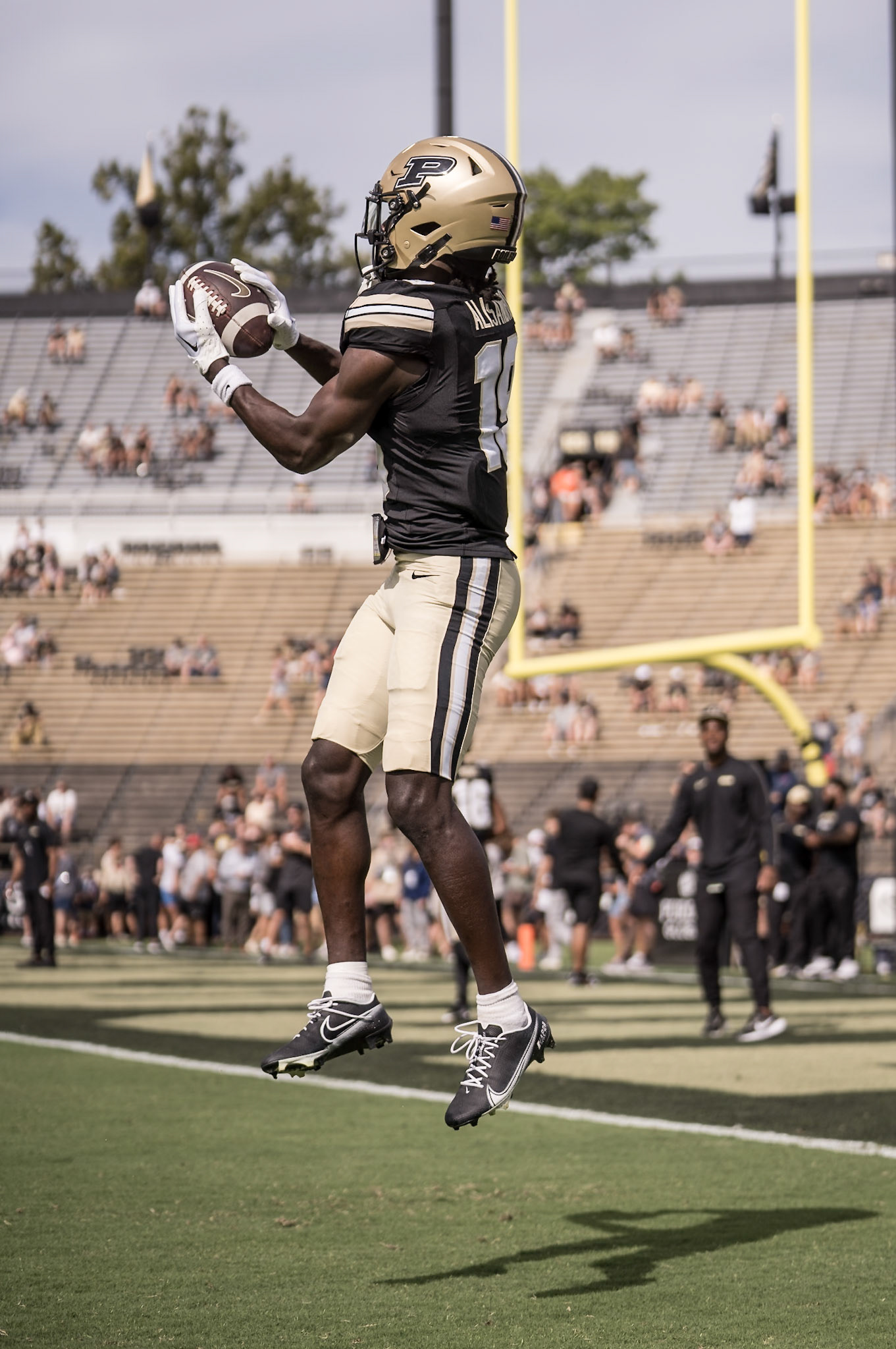 WEST LAFAYETTE, IN - AUGUST 31, 2024: Purdue Jr. DB Botros Alisandro (19) catches a pass in pre-game warmups in the Purdue Boilermaker Football vs Indiana State Sycamores at Ross-Ade Stadium(Photo by Steve Bowen / Bowen Arrow Photography / Northern Indiana Sports Report)