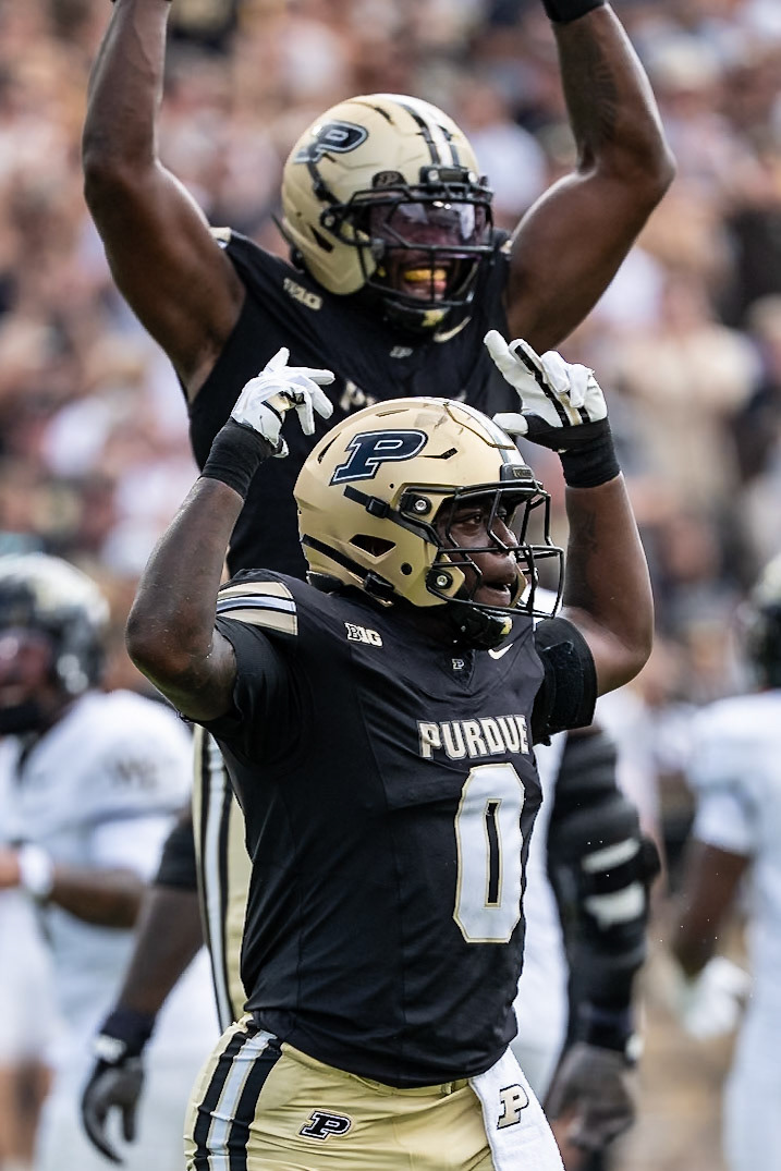 WEST LAFAYETTE, IN - SEPTEMBER 12, 2026: Purdue University Junior Linebacker Jojo Hayden (0) celebrates a defensive stop during the Purdue Boilermaker Football vs the Wake Forest Demon Deacons at Ross-Ade Stadium(Photo by Steve Bowen / Northern Indiana Sports Report)