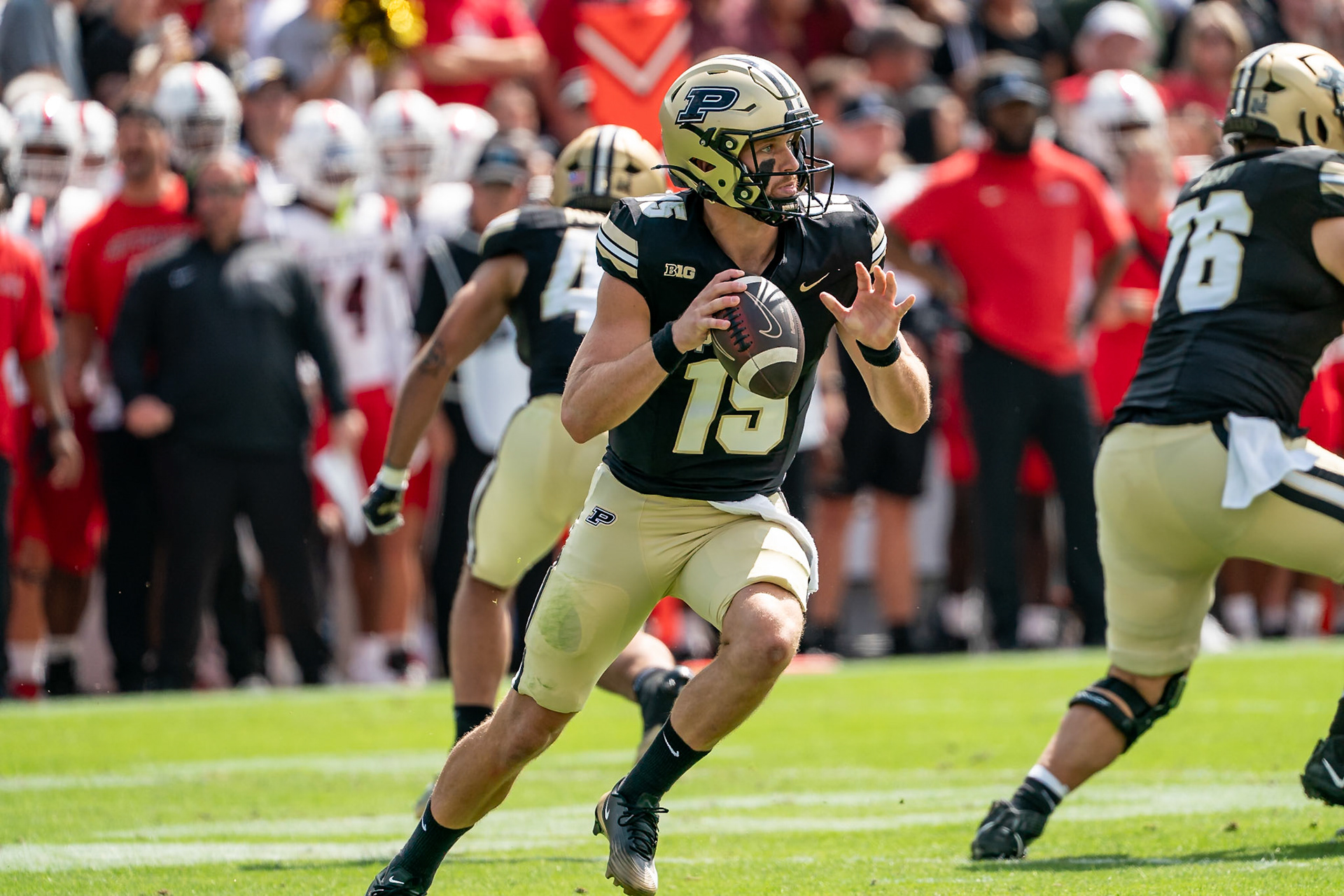 WEST LAFAYETTE, IN - AUGUST 30, 2025: Purdue University Sophomore Quaterback Ryan Browne (15) dropping back to pass at Purdue Boilermaker Football vs Ball State Football at Ross-Ade Stadium(Photo by Steve Bowen / Northern Indiana Sports Report)