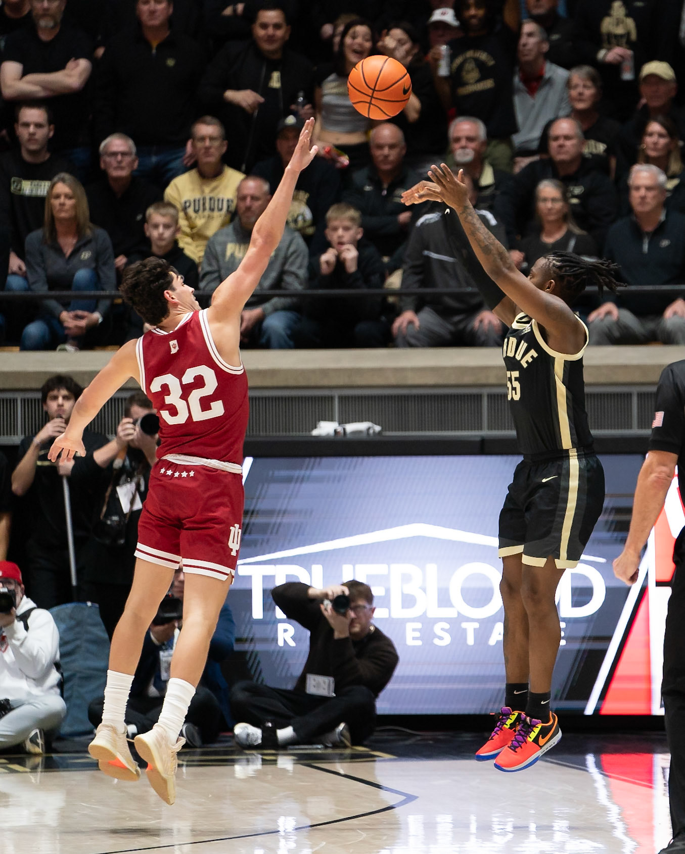 WEST LAFAYETTE, IN - FEBRUARY 10, 2024: Purdue 5th year Guard Lance Jones (55), Indiana Senior Guard Trey Galloway (32) in Purdue Boilermaker vs Indiana Hoosiers Basketball at Mackey Arena(Photo by Steve Bowen / Bowen Arrow Photography / Northern Indiana Sports Report)