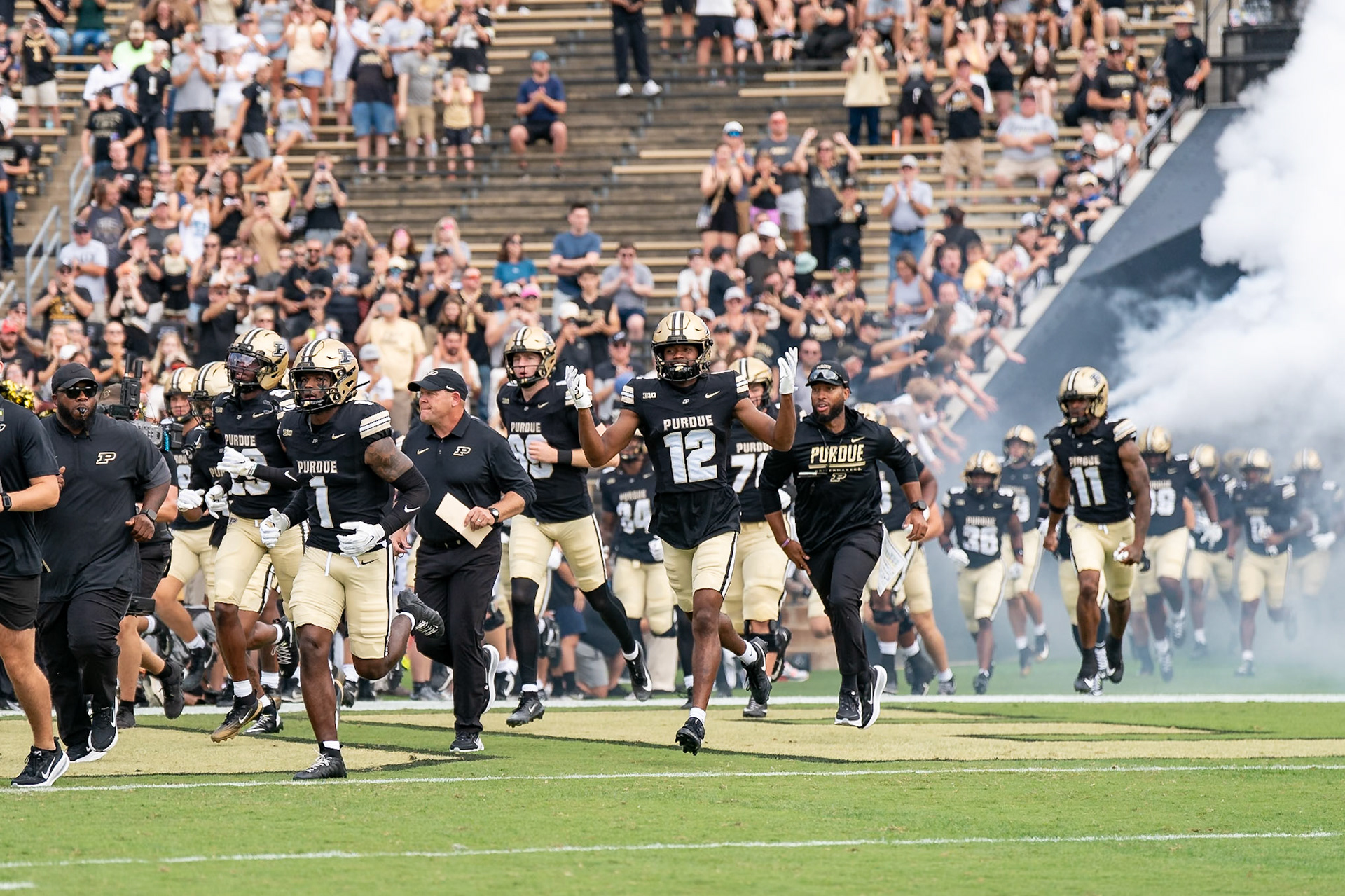 WEST LAFAYETTE, IN - SEPTEMBER 12, 2026: Purdue University Football Head Coach Barry Odom running out of the Tiller Tunnel with the team before the Purdue Boilermakers football game vs the Wake Forest Demon Deacons at Ross-Ade Stadium(Photo by Steve Bowen / Northern Indiana Sports Report)