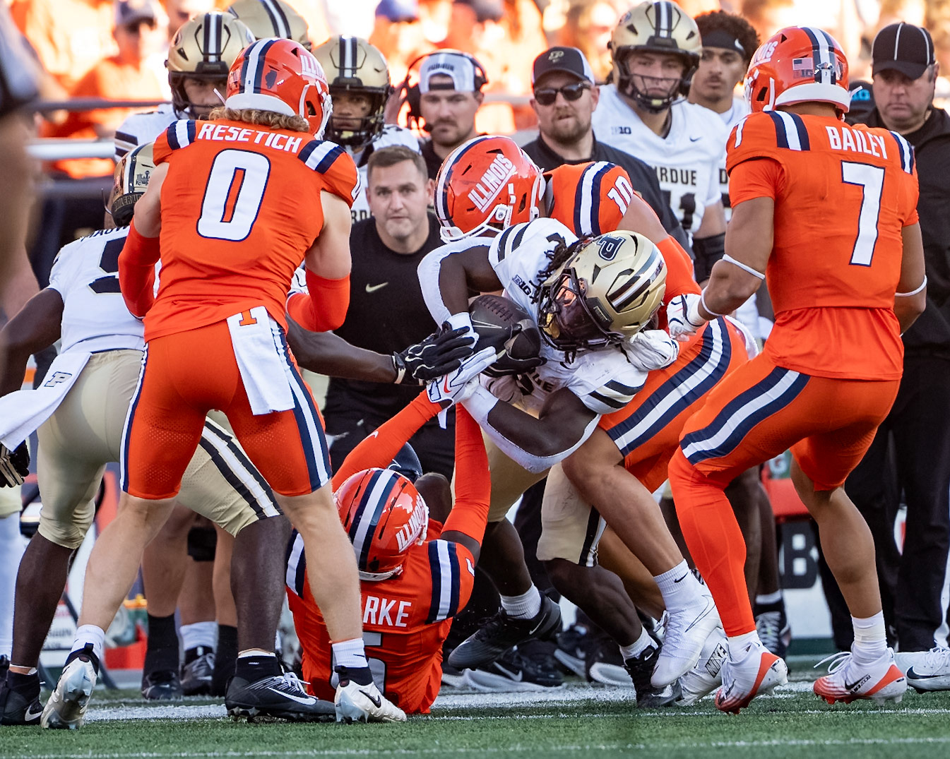 CHAMPAIGN, IL - OCTOBER 3, 2026: Purdue University Sophomore Running Back Fame Ijeboi (2), University of Illinois 5th Year LB James Kreutz (10), University of Illinois Junior DB Jakwon Morris (5), University of Illinois 5th Year DB Matthew Bailey (7), University of Illinois Senior DB Mac Resetich (0) during the Purdue Boilermakers at Illinois Fighting Illini football game at Gies Memorial Stadium(Photo by Steve Bowen / Northern Indiana Sports Report)