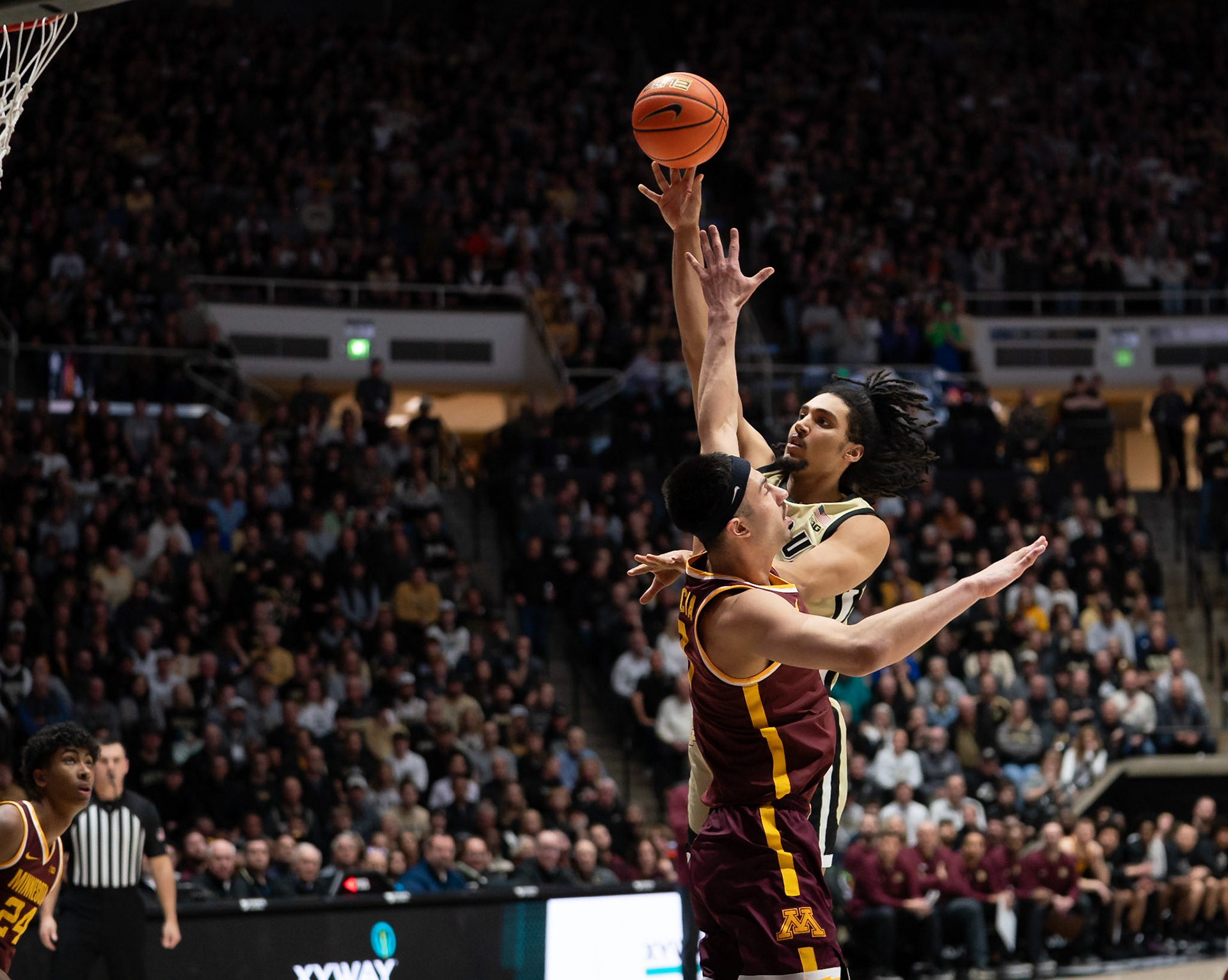 WEST LAFAYETTE, IN - FEBRUARY 15, 2024: Purdue Sophomore Forward Trey Kaufman-Renn (4), Minnesota Junior Forward Dawson Garcia (3) in Purdue Boilermakers Men's Basketball vs the Minnesota Golden Gophers at Mackey Arena(Photo by Steve Bowen / Bowen Arrow Photography / Northern Indiana Sports Report)
