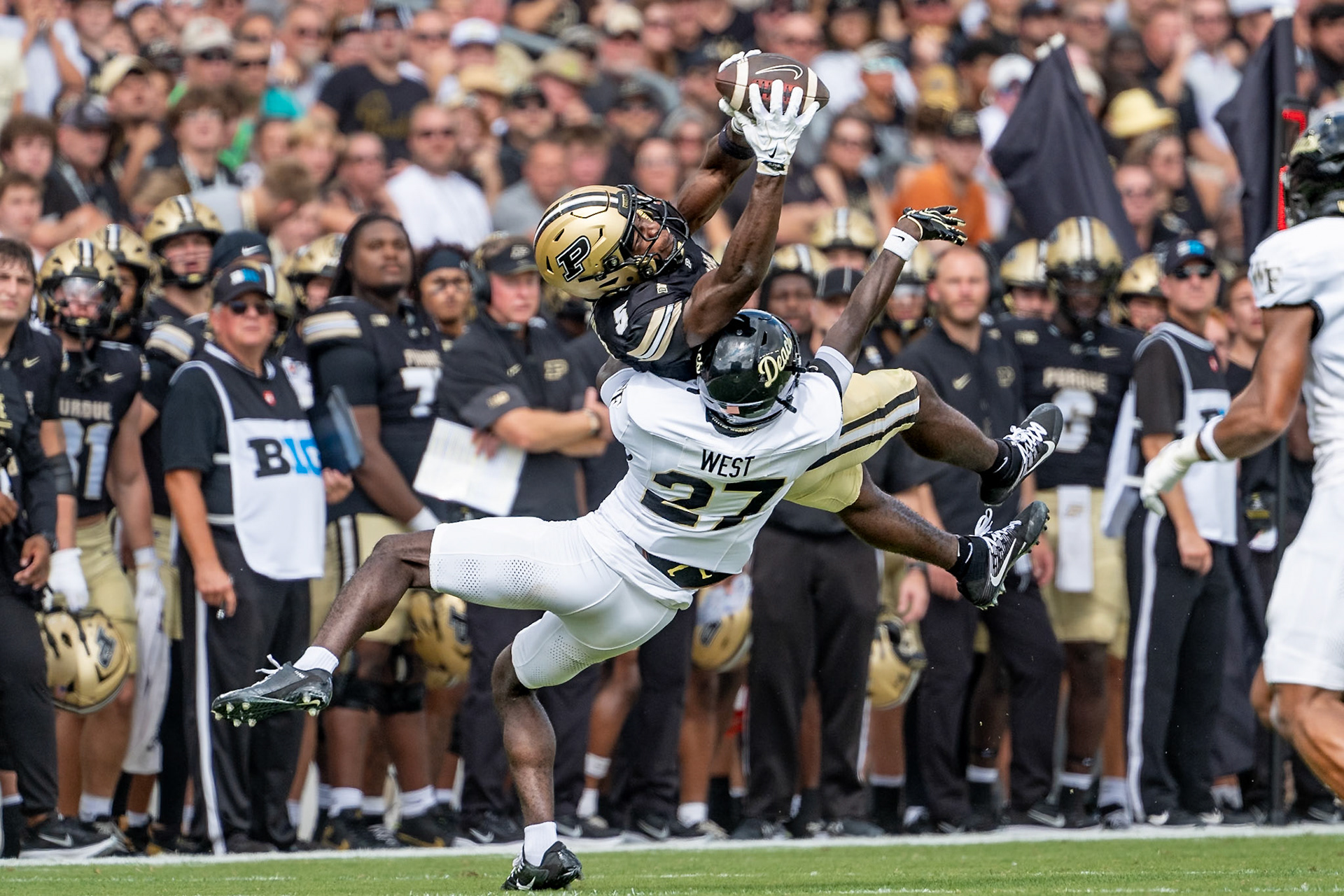 WEST LAFAYETTE, IN - SEPTEMBER 12, 2026: Purdue University Senior Wide Receiver Chauncey Magwood (5) makes a circus catch over the top of Wake Forest University Defensive Back Travon West (27) during the Purdue Boilermakers football game vs the Wake Forest Demon Deacons at Ross-Ade Stadium(Photo by Steve Bowen / Northern Indiana Sports Report)